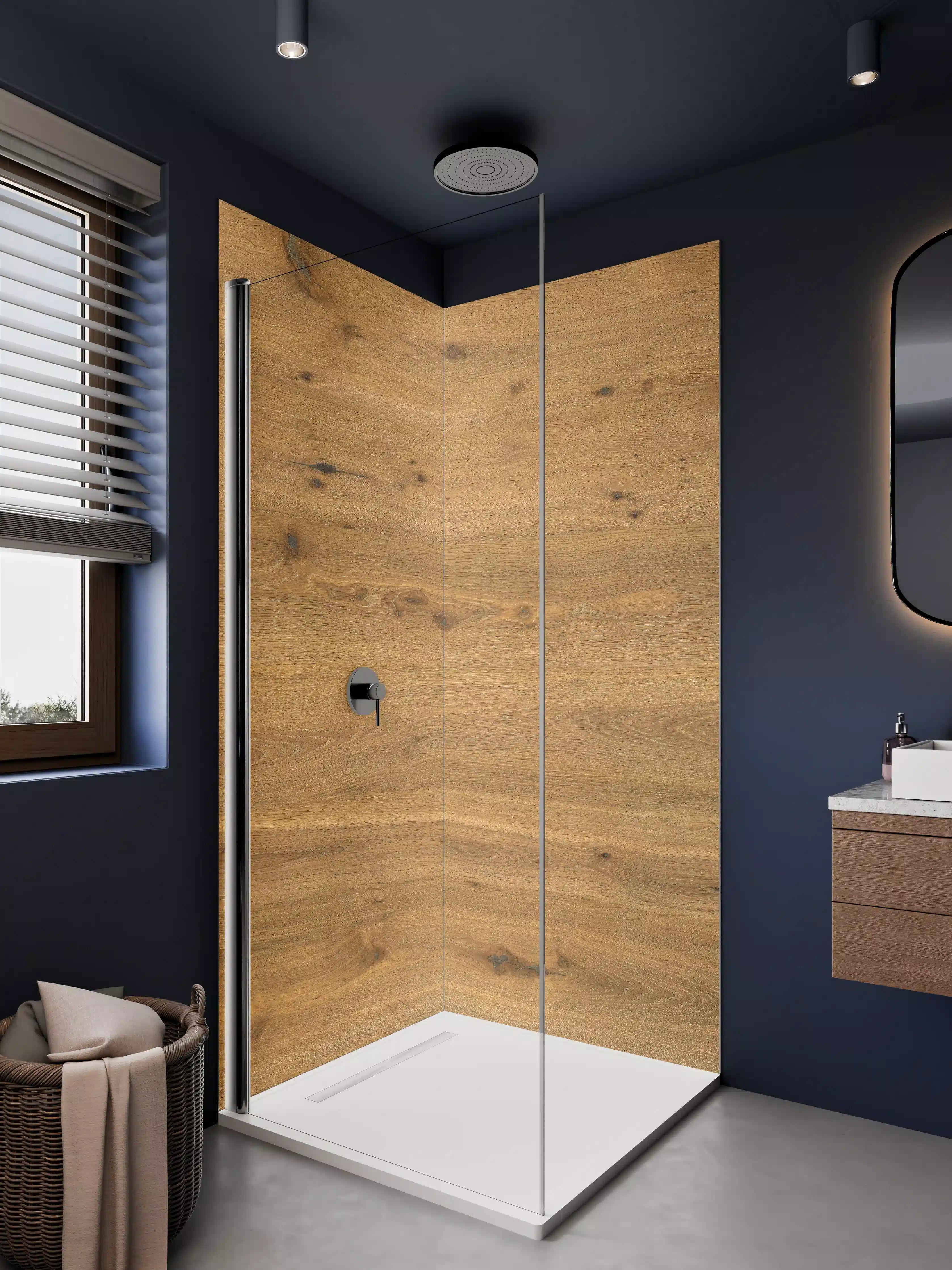 Duschrückwand - Elegantes Holzdesign in warmen Tönen