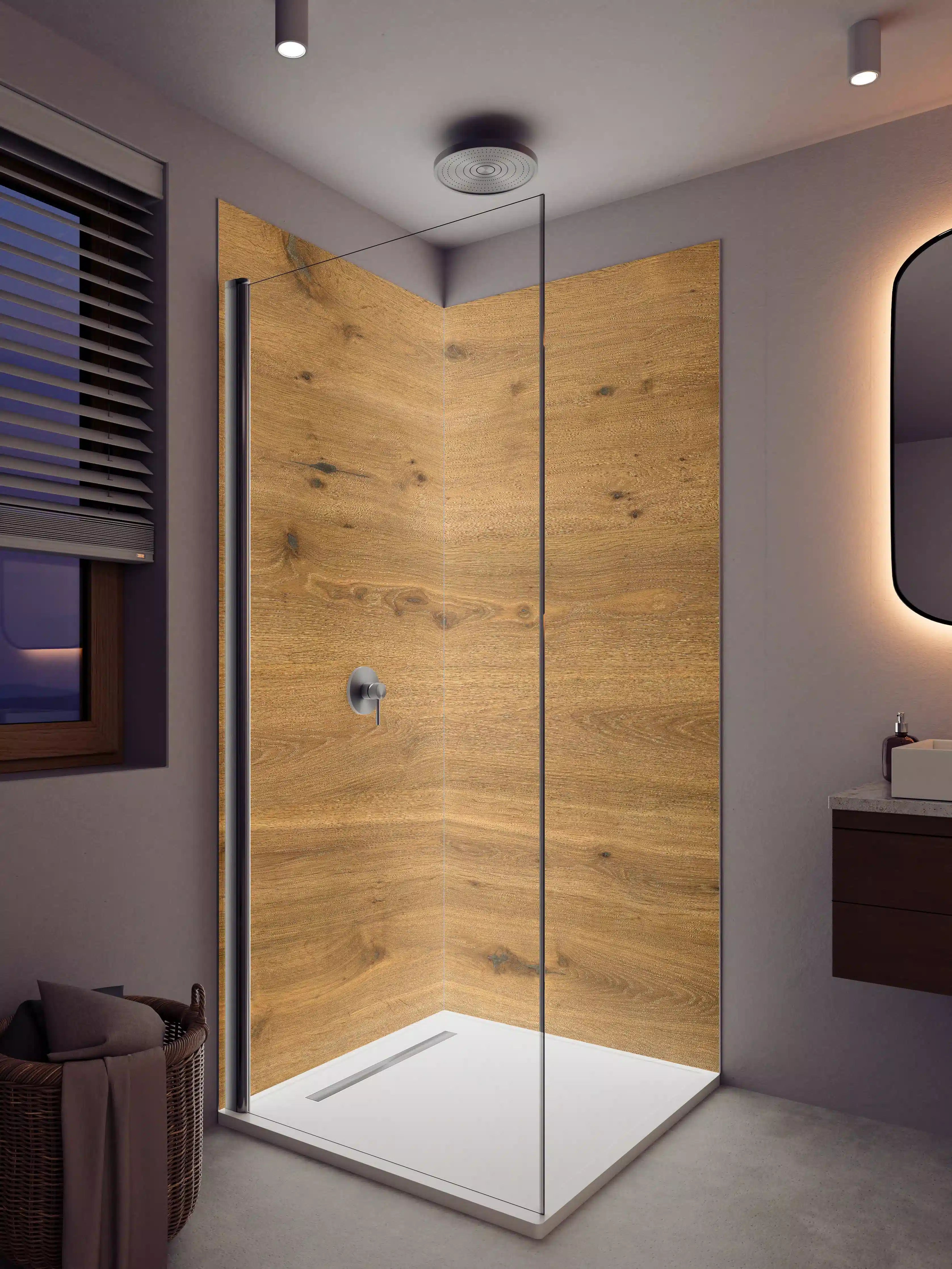 Duschrückwand - Elegantes Holzdesign in warmen Tönen