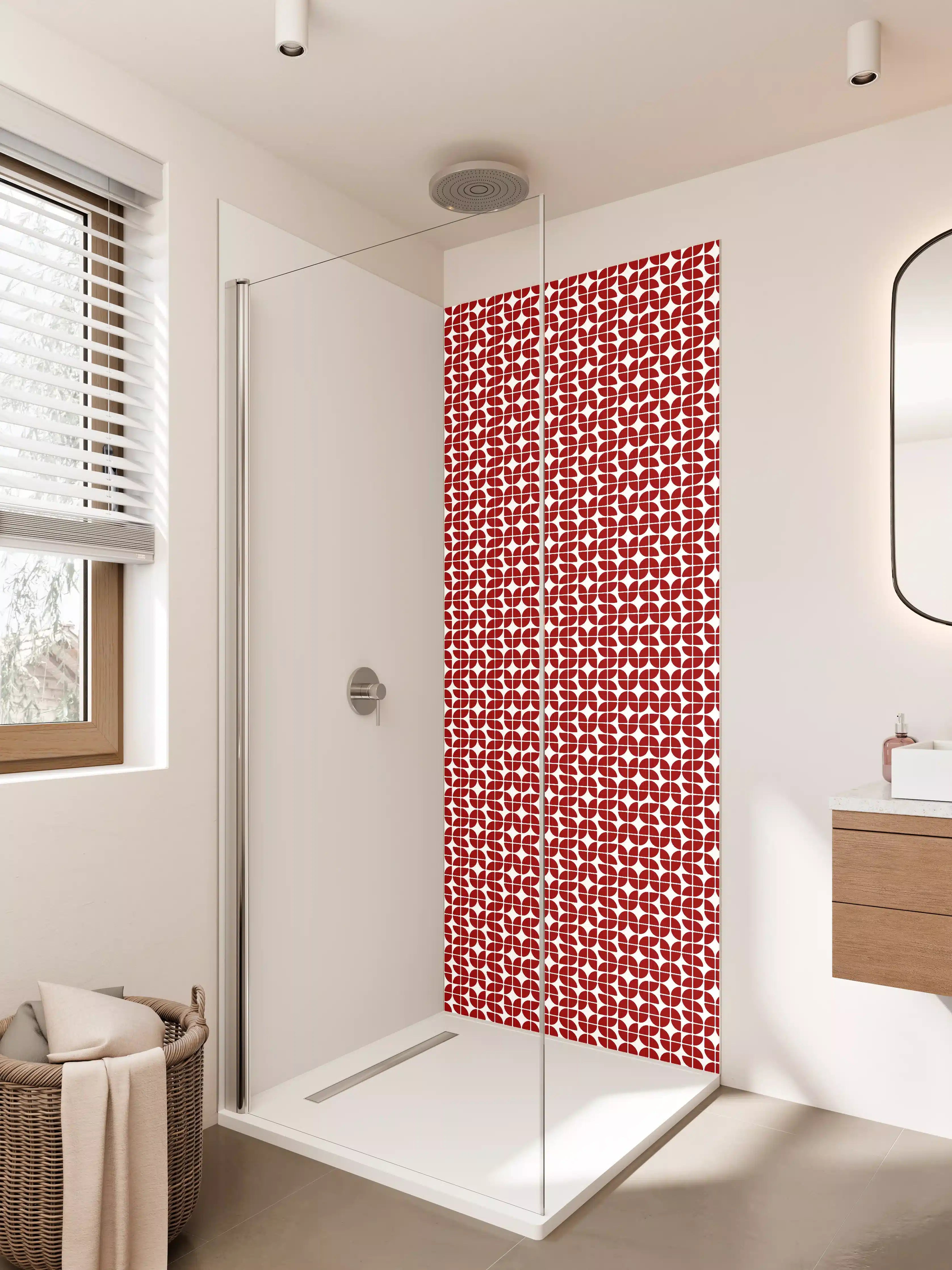 Duschrückwand - Elegantes Rot-Weiß-Muster mit geometrischen Formen