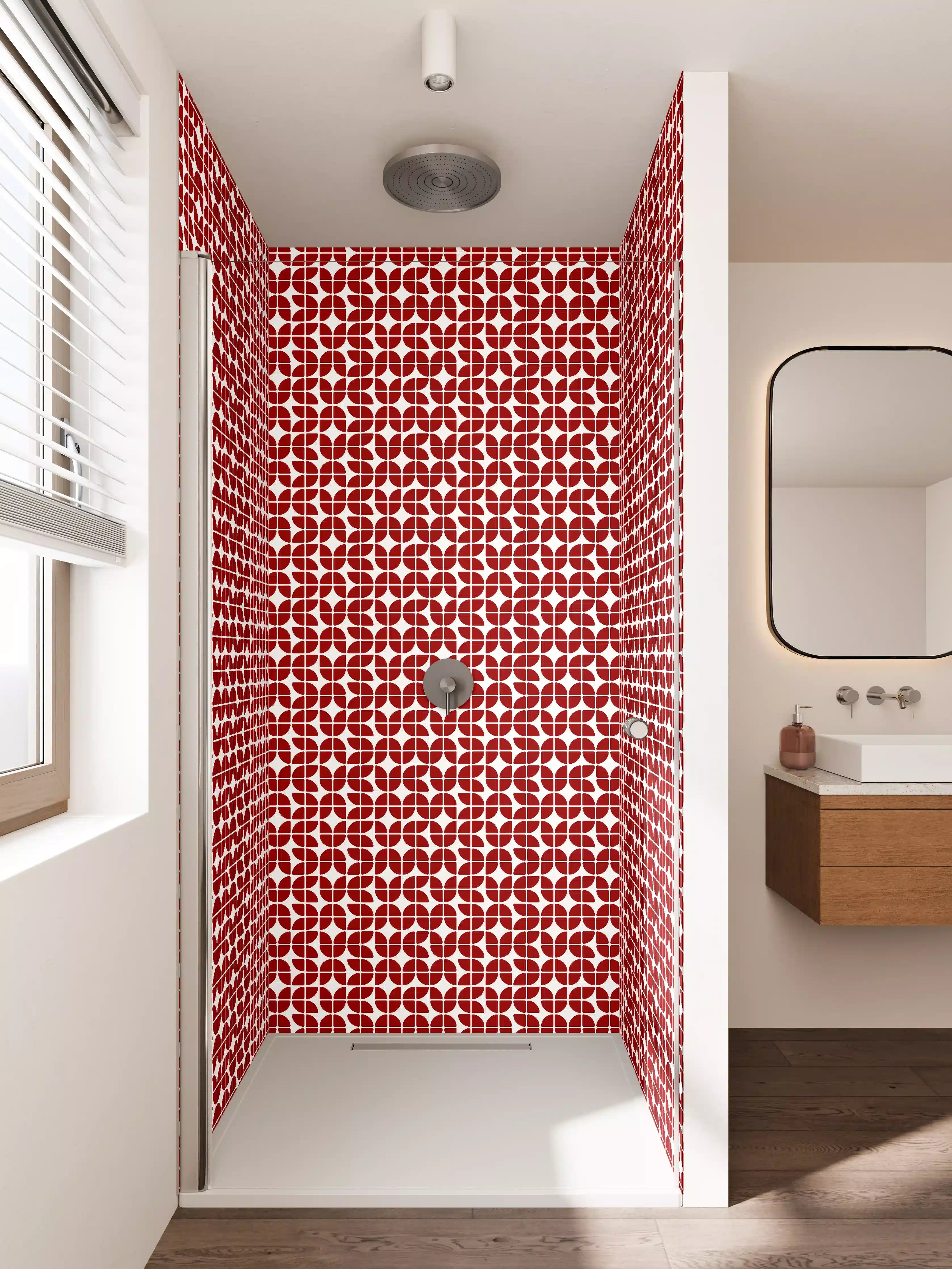Duschrückwand - Elegantes Rot-Weiß-Muster mit geometrischen Formen