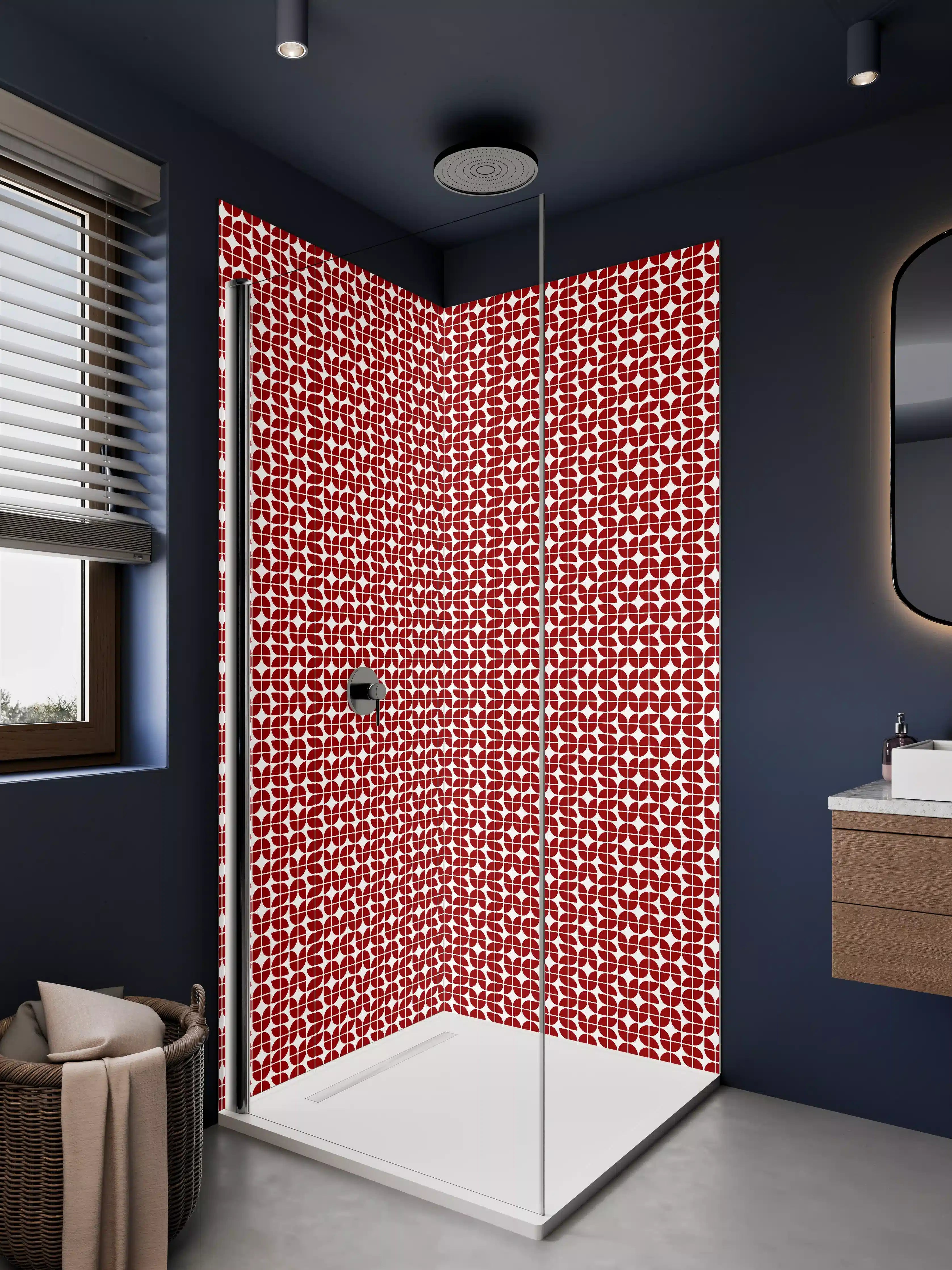 Duschrückwand - Elegantes Rot-Weiß-Muster mit geometrischen Formen