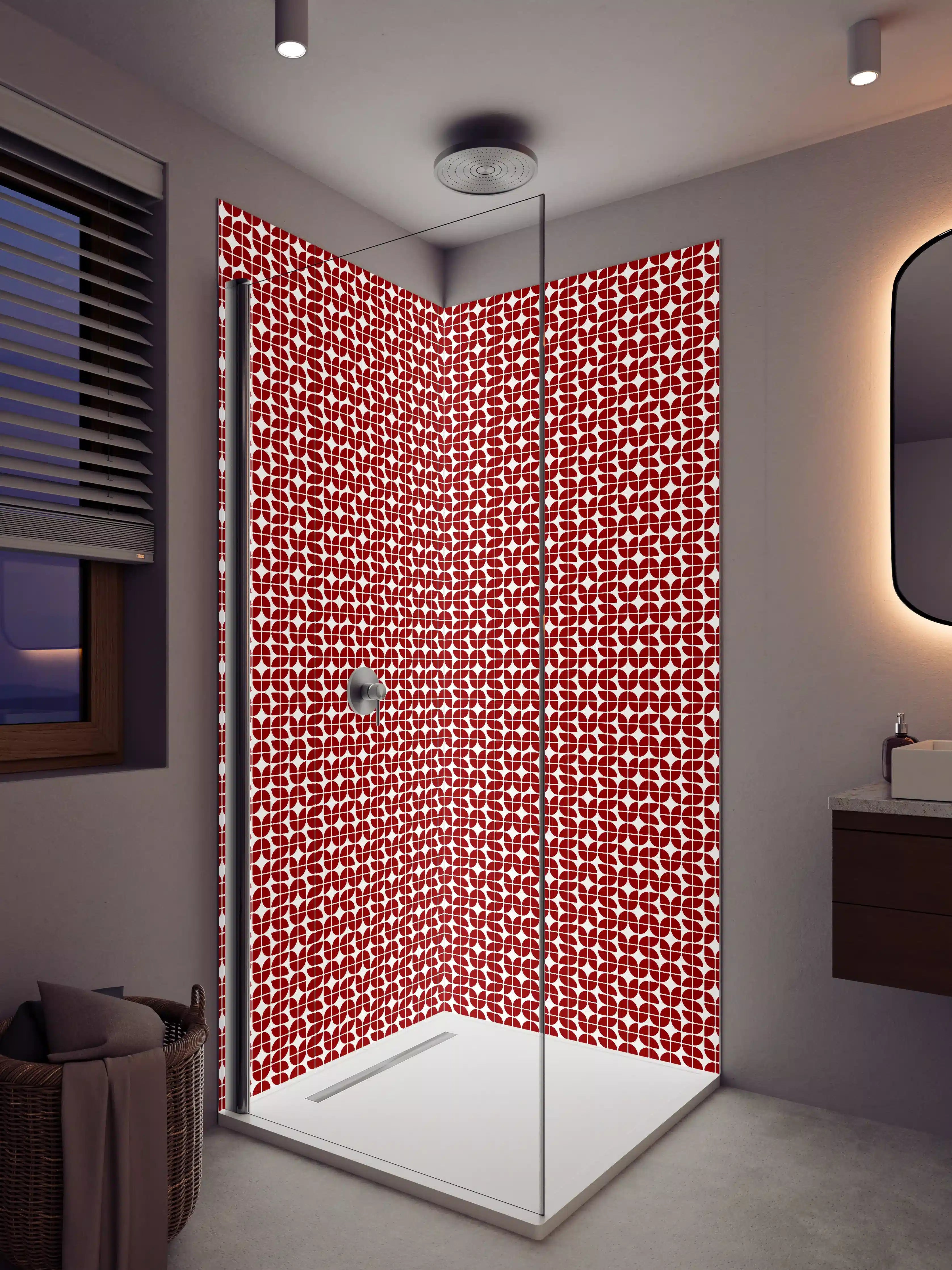 Duschrückwand - Elegantes Rot-Weiß-Muster mit geometrischen Formen
