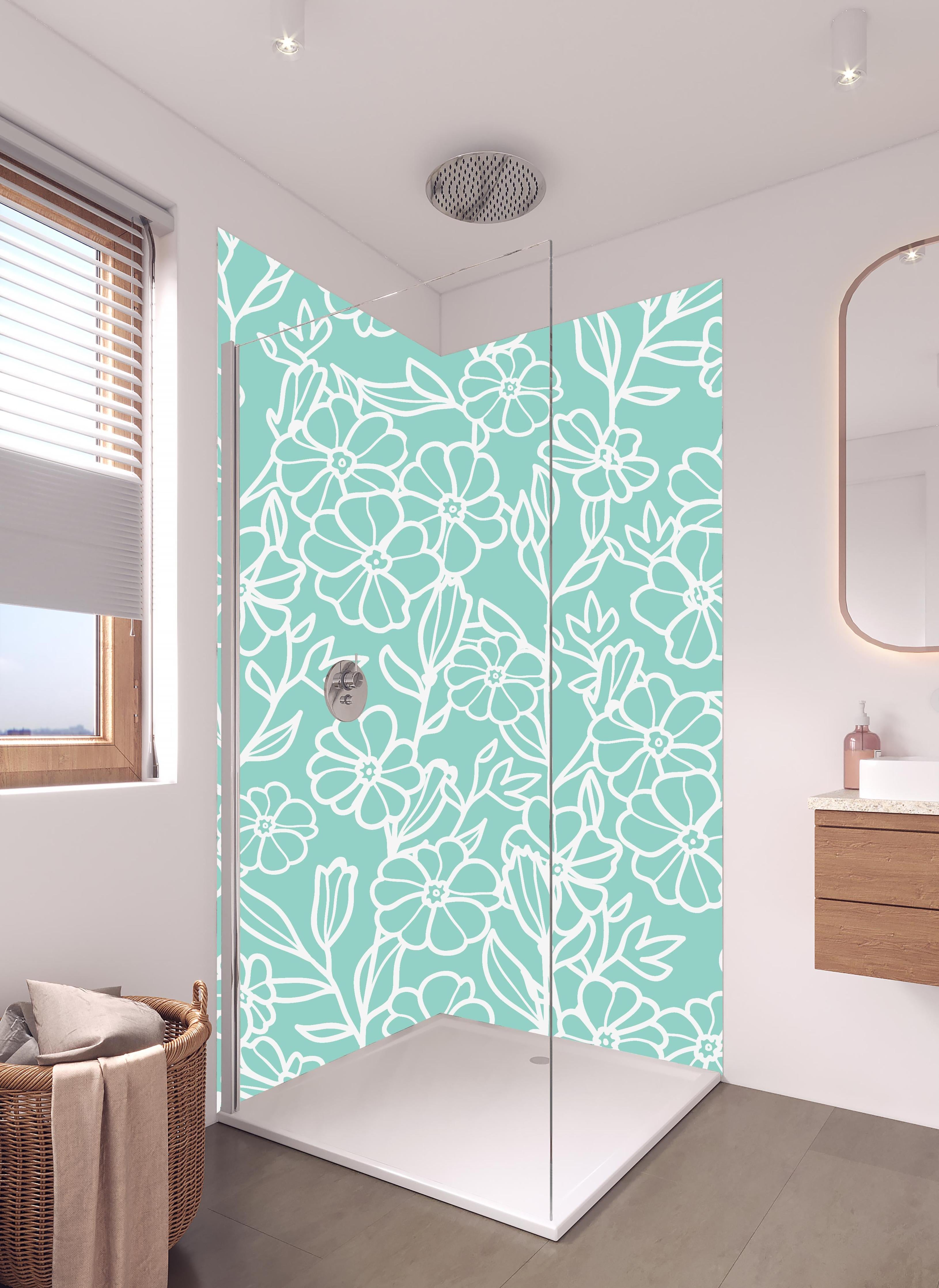 Duschrückwand - Elegantes Türkis-Weiß Blumen Design in hellem Badezimmer mit Regenduschkopf - zweiteilige Eck-Duschrückwand
