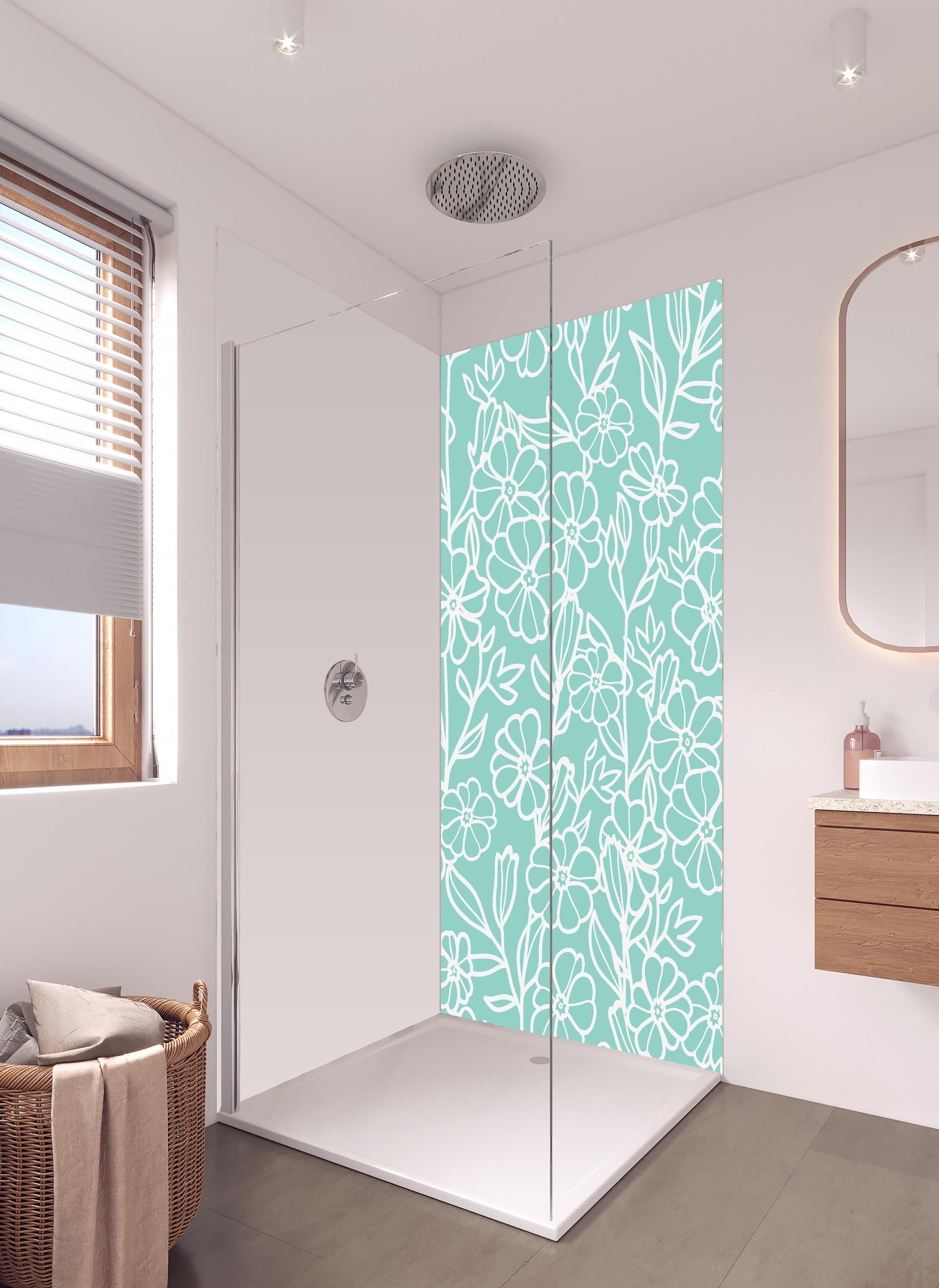 Duschrückwand - Elegantes Türkis-Weiß Blumen Design in hellem Badezimmer mit Regenduschkopf - zweiteilige Eck-Duschrückwand