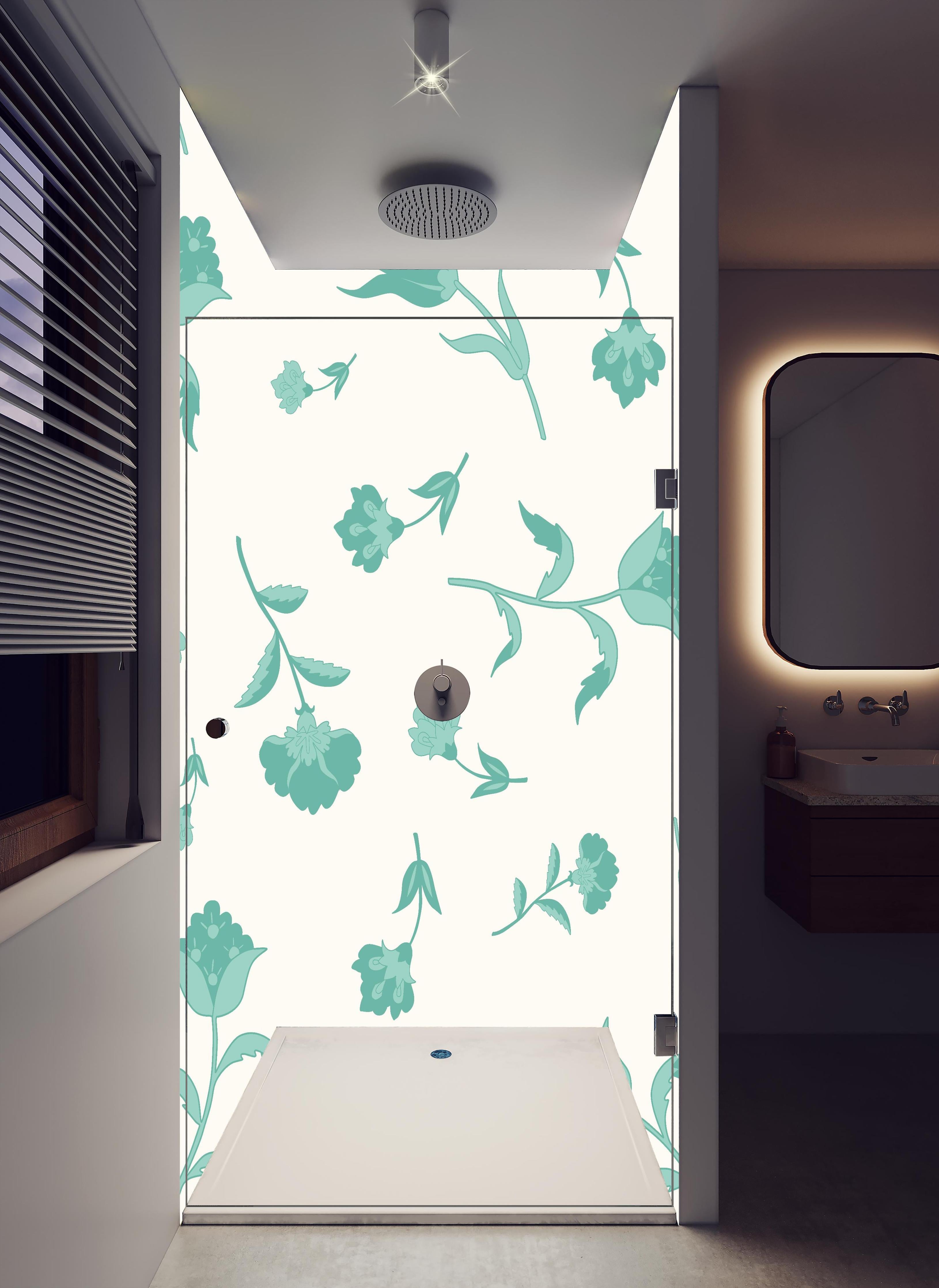 Duschrückwand - Elegantes Türkis-Weißes Blumenmuster in hellem Badezimmer mit Regenduschkopf - zweiteilige Eck-Duschrückwand