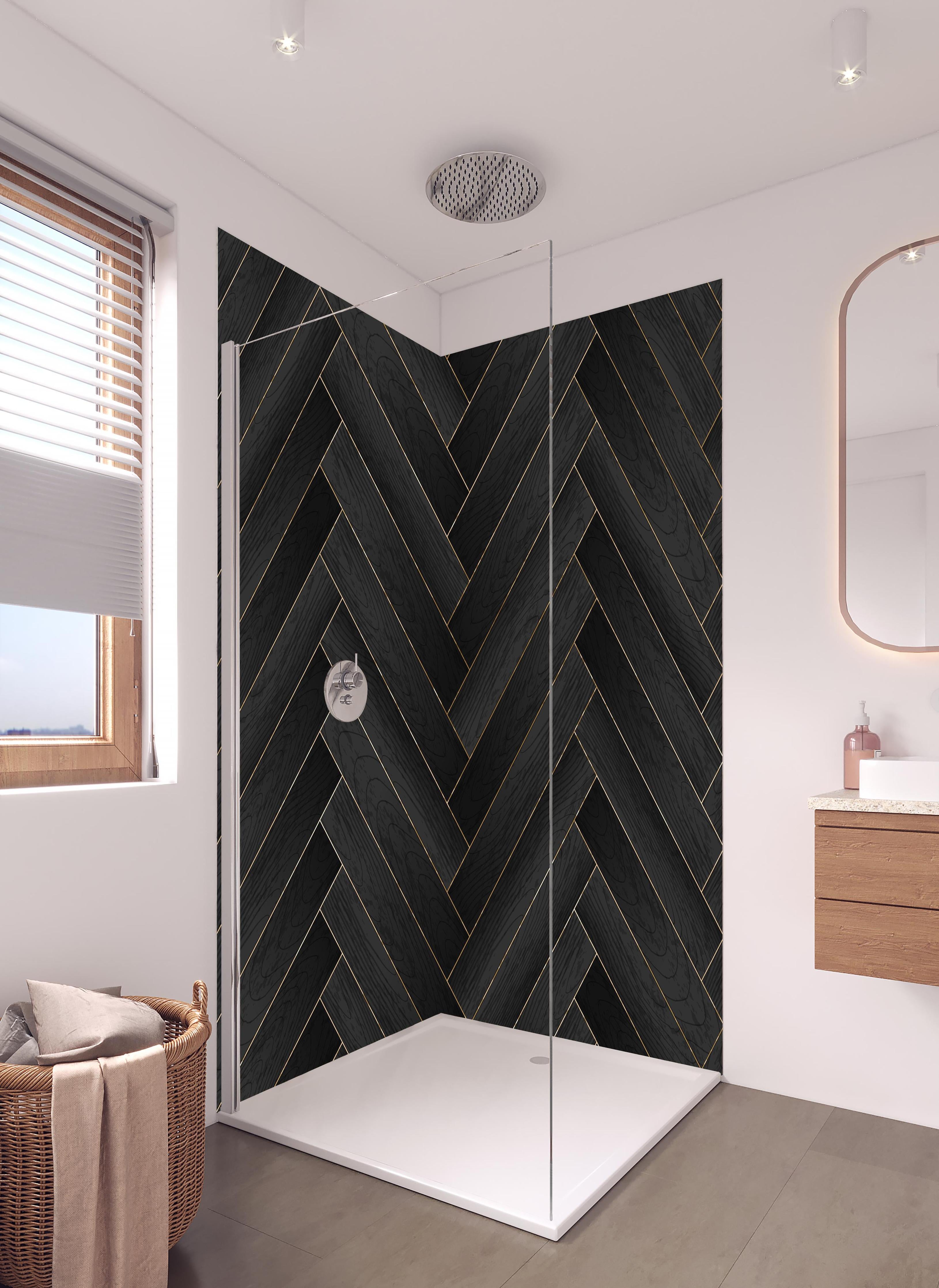 Duschrückwand - Elegantes dunkles Holzparkett in Fischgrät in hellem Badezimmer mit Regenduschkopf - zweiteilige Eck-Duschrückwand