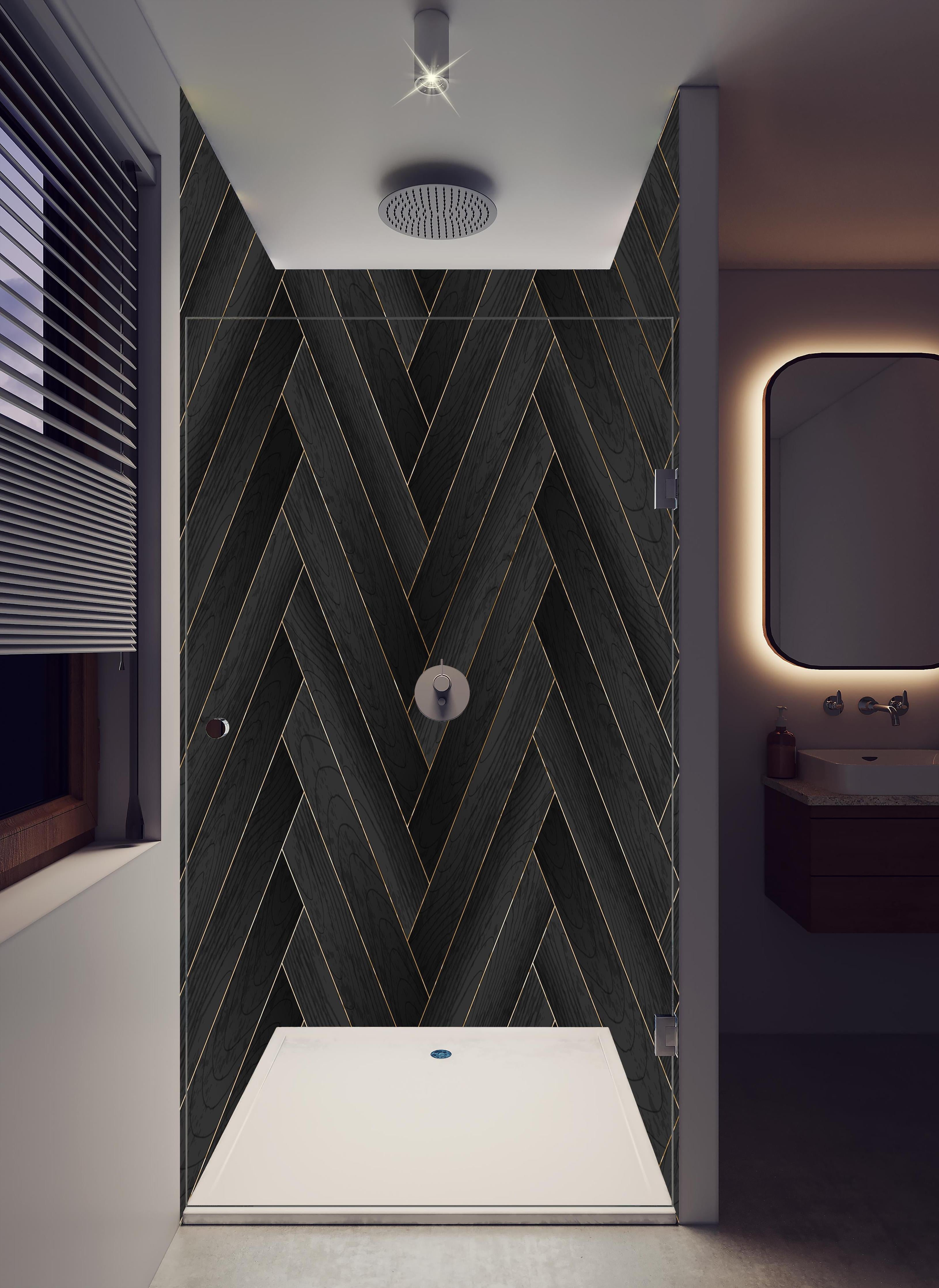 Duschrückwand - Elegantes dunkles Holzparkett in Fischgrät in hellem Badezimmer mit Regenduschkopf - zweiteilige Eck-Duschrückwand
