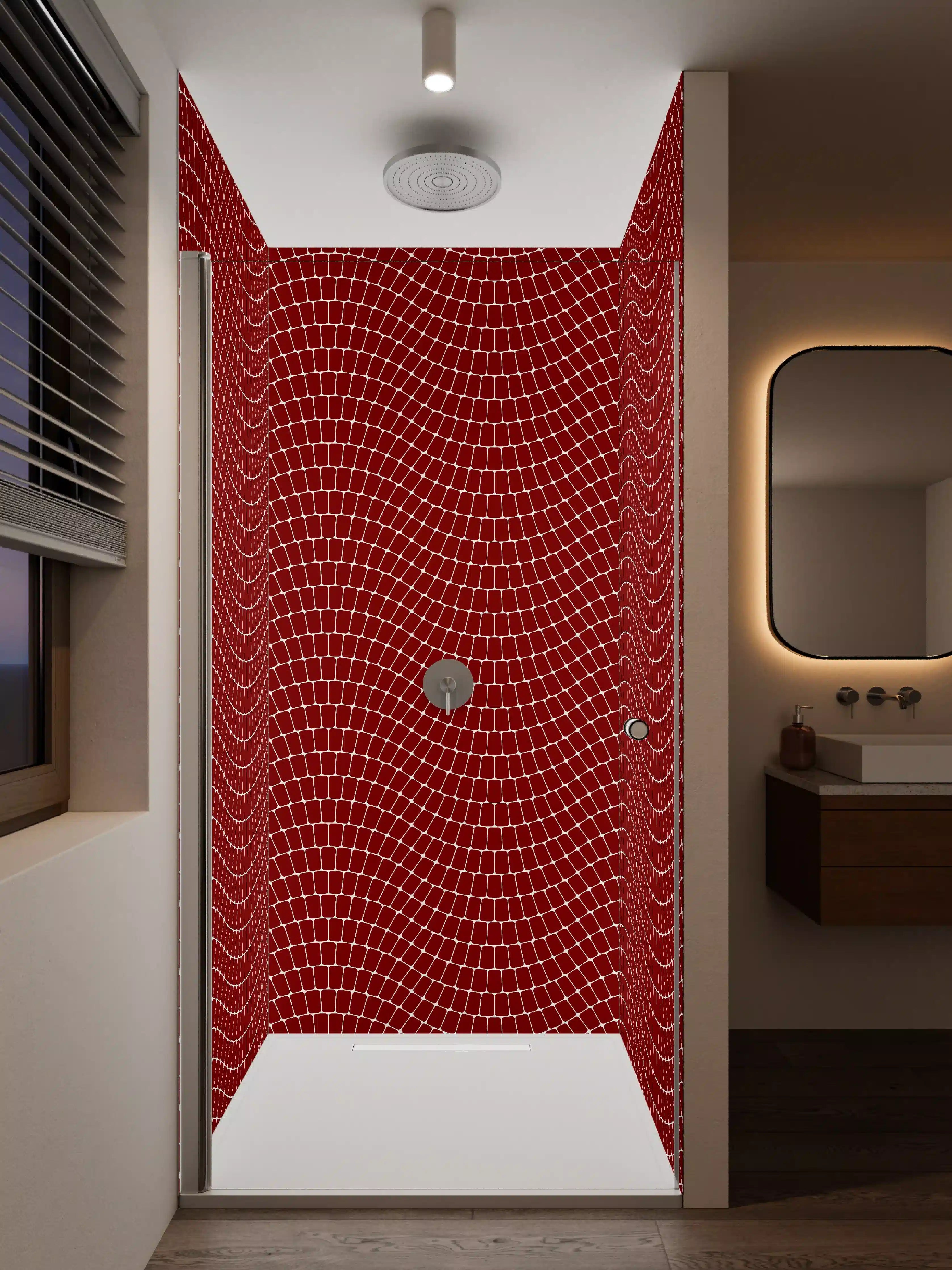 Duschrückwand - Elegantes rotes Wellenmuster mit Exif-Daten
