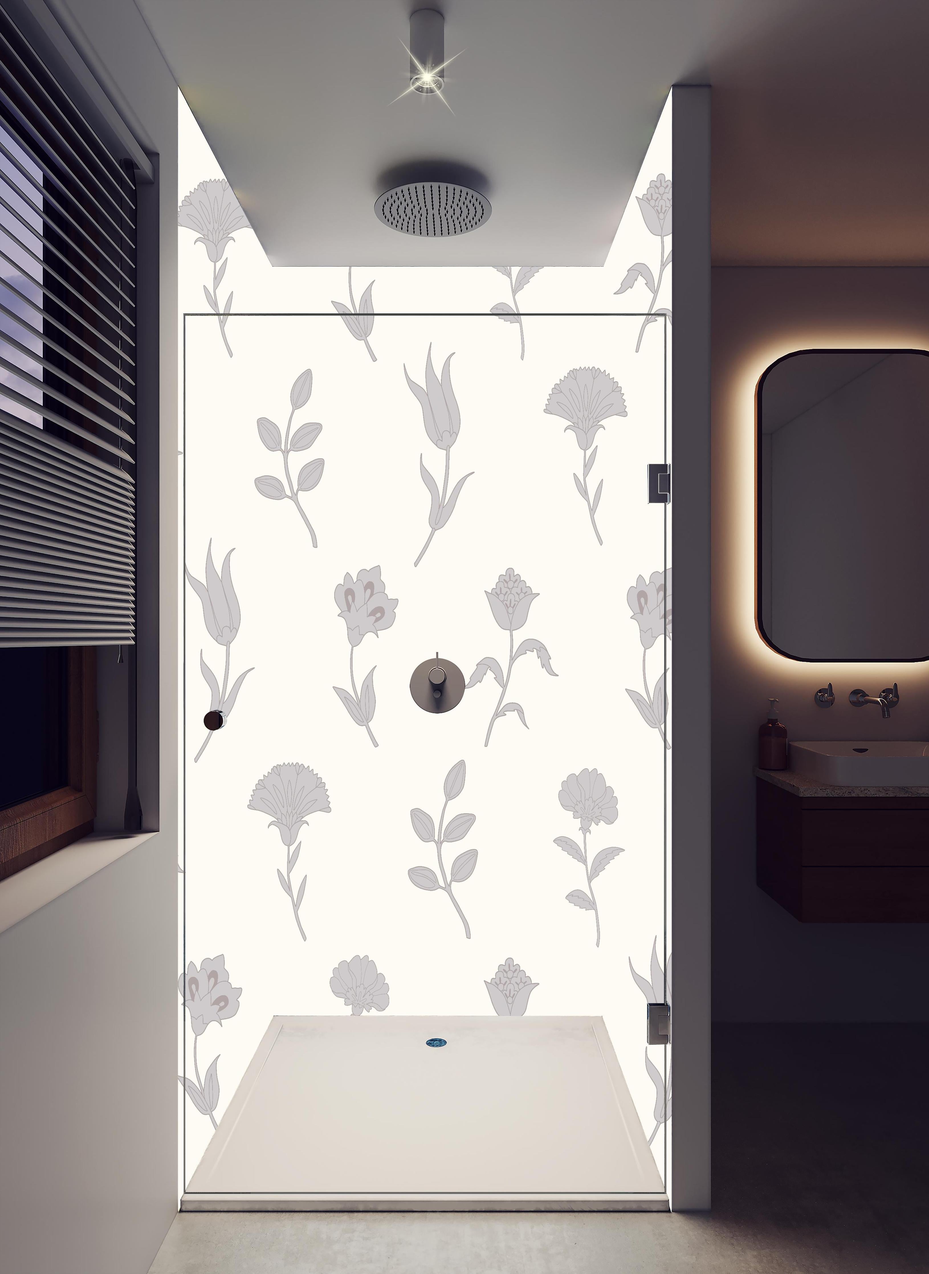 Duschrückwand - Elegantes weißes Blumenmuster mit Grautönen in hellem Badezimmer mit Regenduschkopf - zweiteilige Eck-Duschrückwand