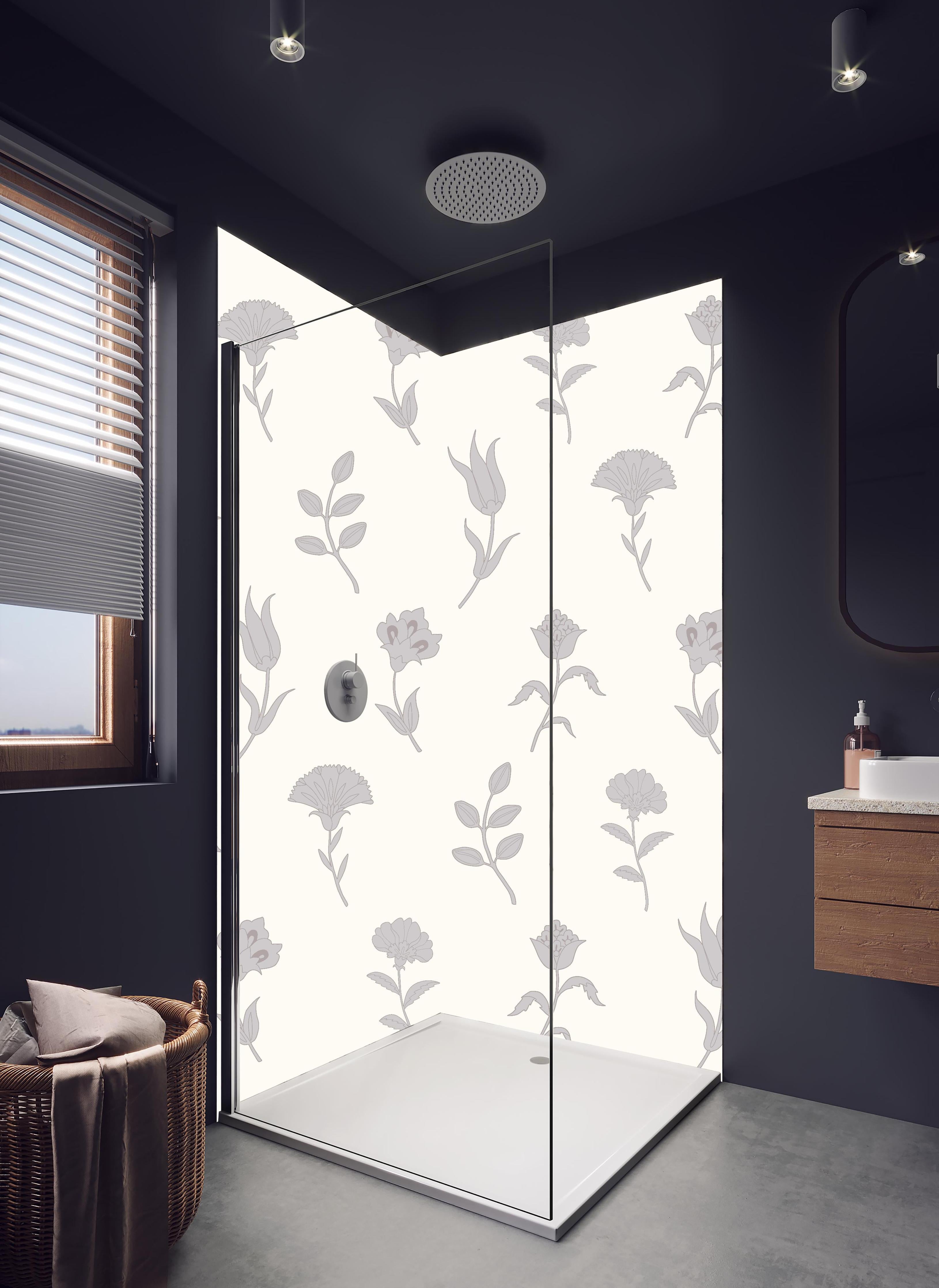Duschrückwand - Elegantes weißes Blumenmuster mit Grautönen in hellem Badezimmer mit Regenduschkopf - zweiteilige Eck-Duschrückwand