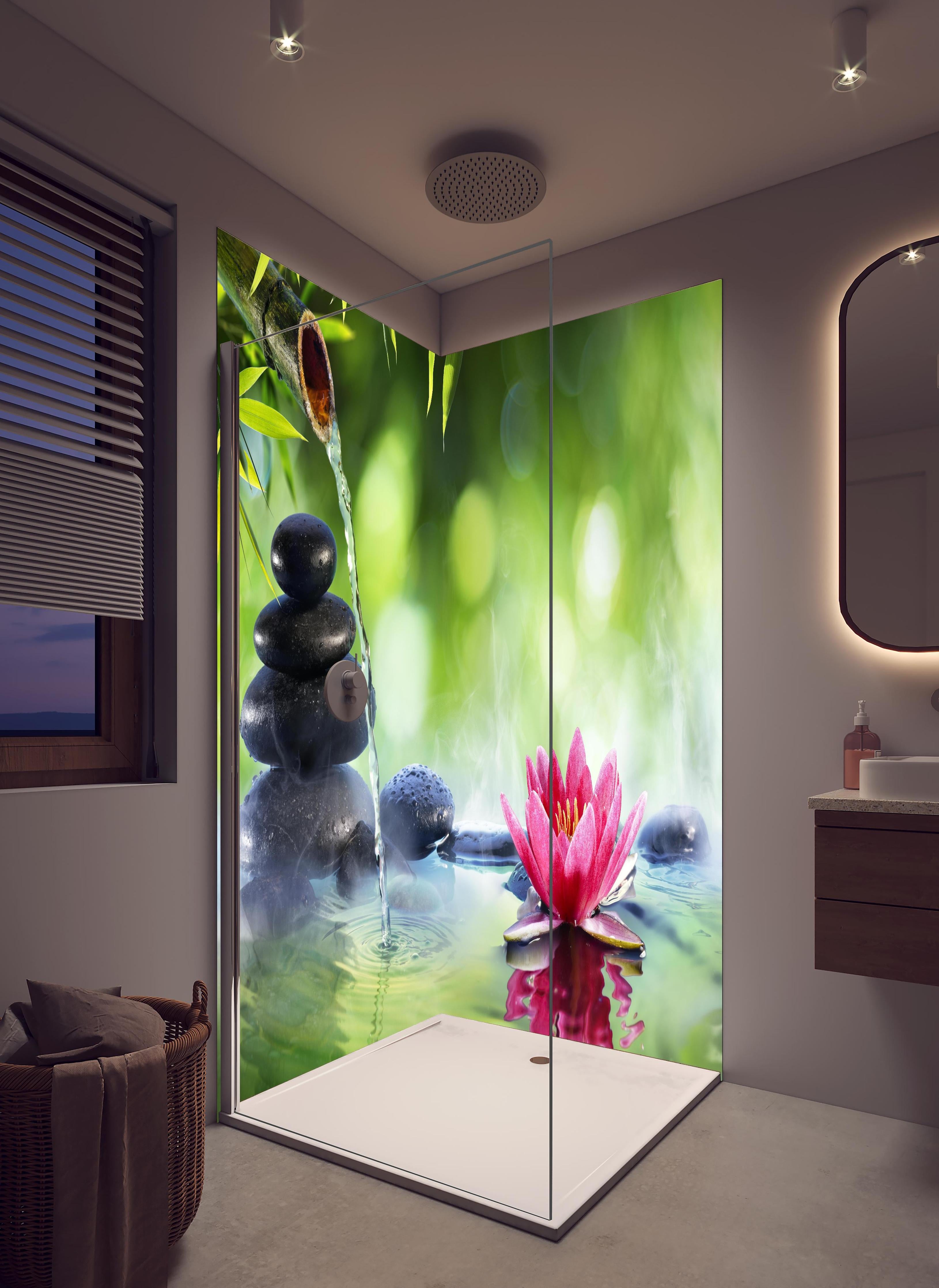 Duschrückwand - Entspannende Zen-Steine und pinkfarbene Lotusblüte in hellem Badezimmer mit Regenduschkopf - zweiteilige Eck-Duschrückwand