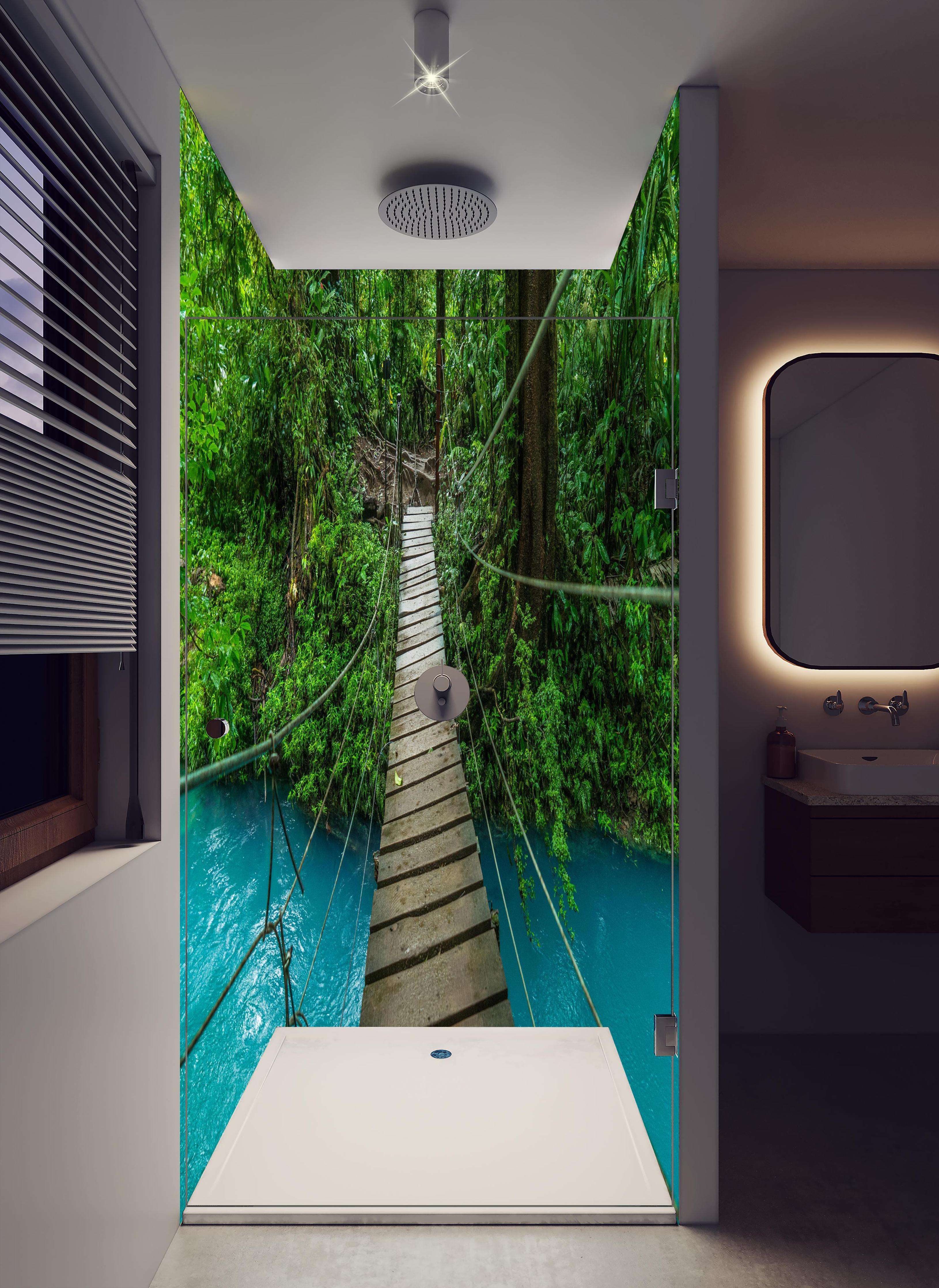 Duschrückwand - Erlebe Türkisblaues Wasser im Dschungel Costa Ricas in hellem Badezimmer mit Regenduschkopf - zweiteilige Eck-Duschrückwand