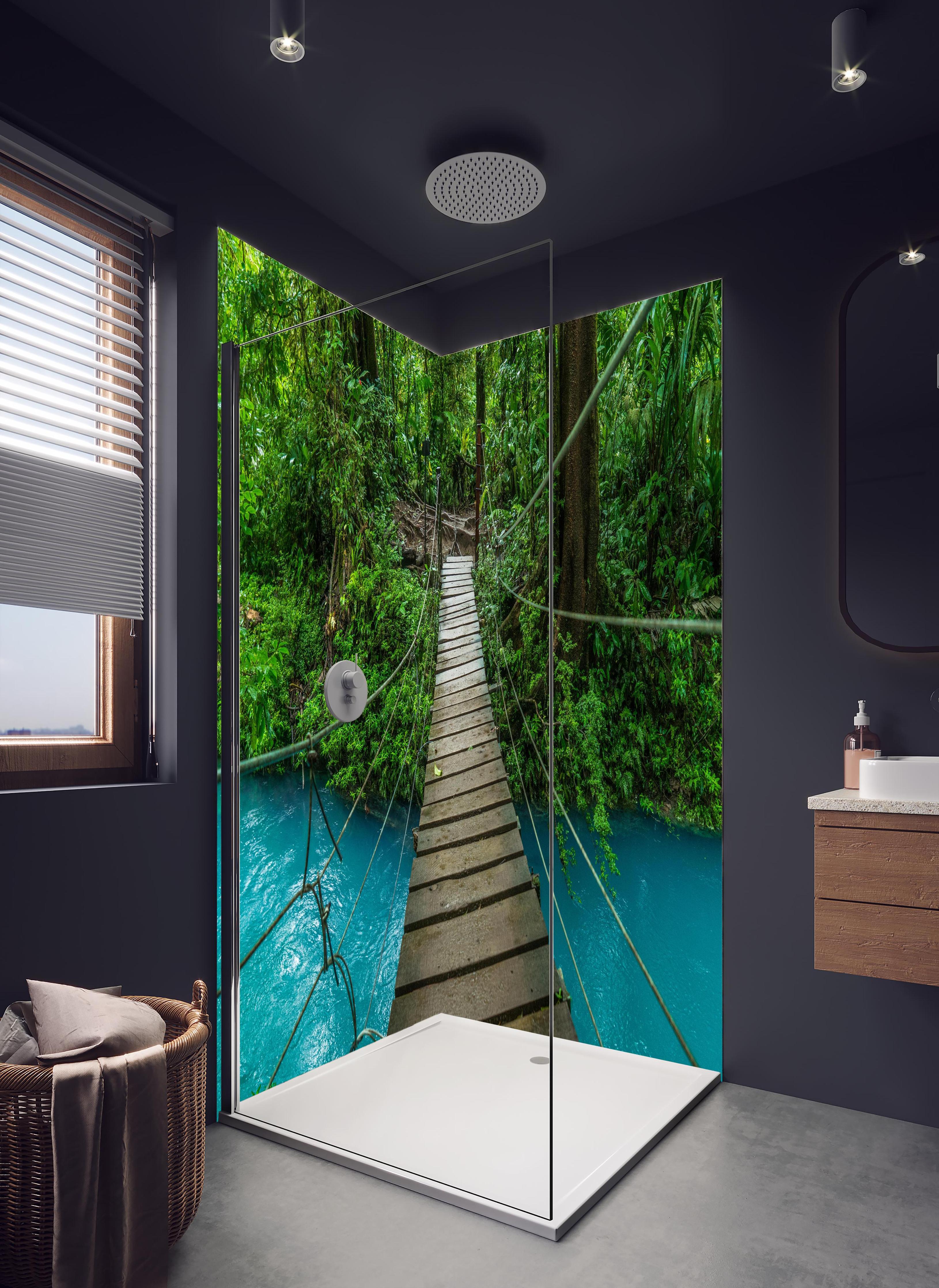 Duschrückwand - Erlebe Türkisblaues Wasser im Dschungel Costa Ricas in hellem Badezimmer mit Regenduschkopf - zweiteilige Eck-Duschrückwand