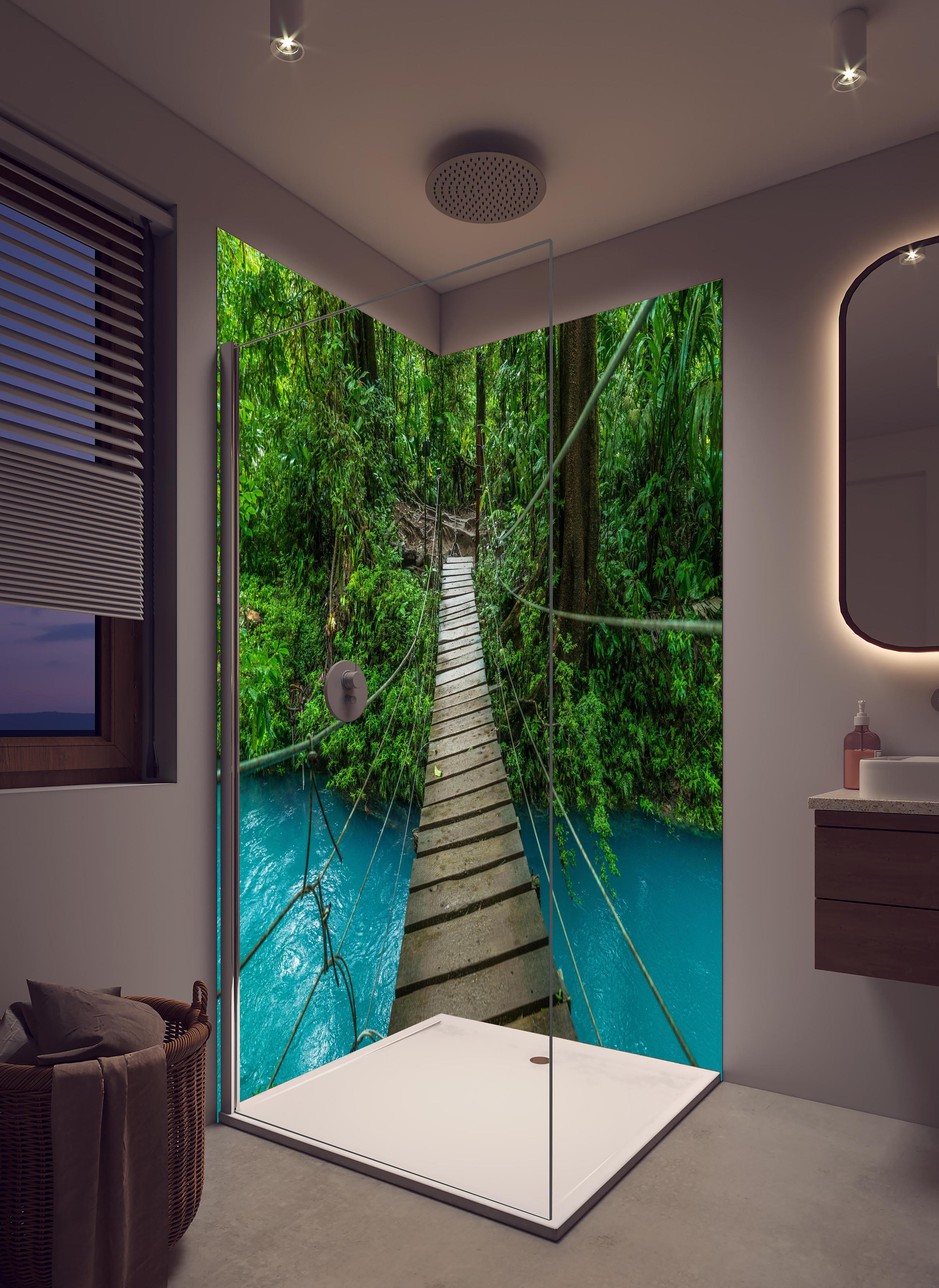 Duschrückwand - Erlebe Türkisblaues Wasser im Dschungel Costa Ricas in hellem Badezimmer mit Regenduschkopf - zweiteilige Eck-Duschrückwand