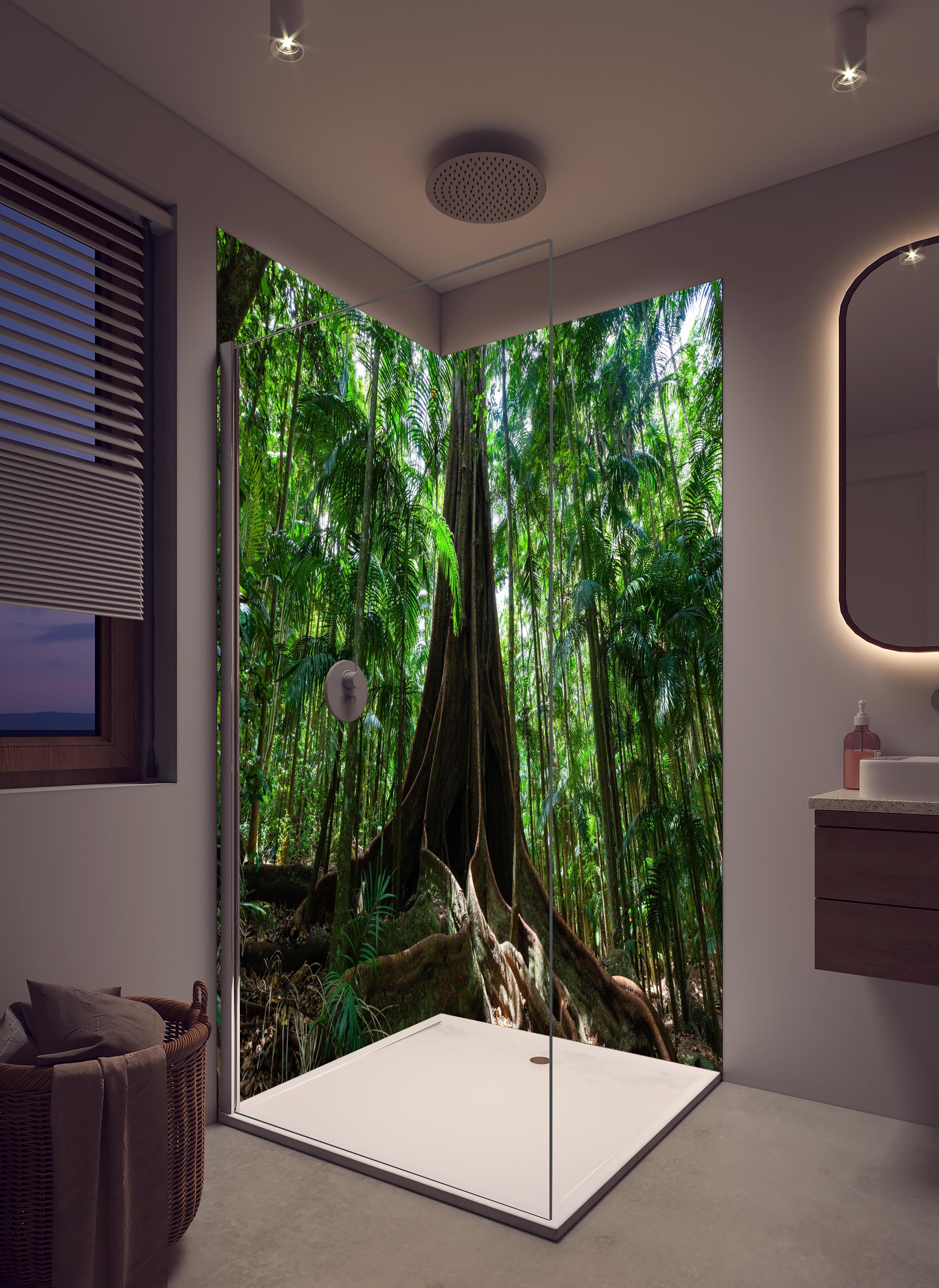 Duschrückwand - Erstaunlicher Riesenfeigenbaum in hellem Badezimmer mit Regenduschkopf - zweiteilige Eck-Duschrückwand