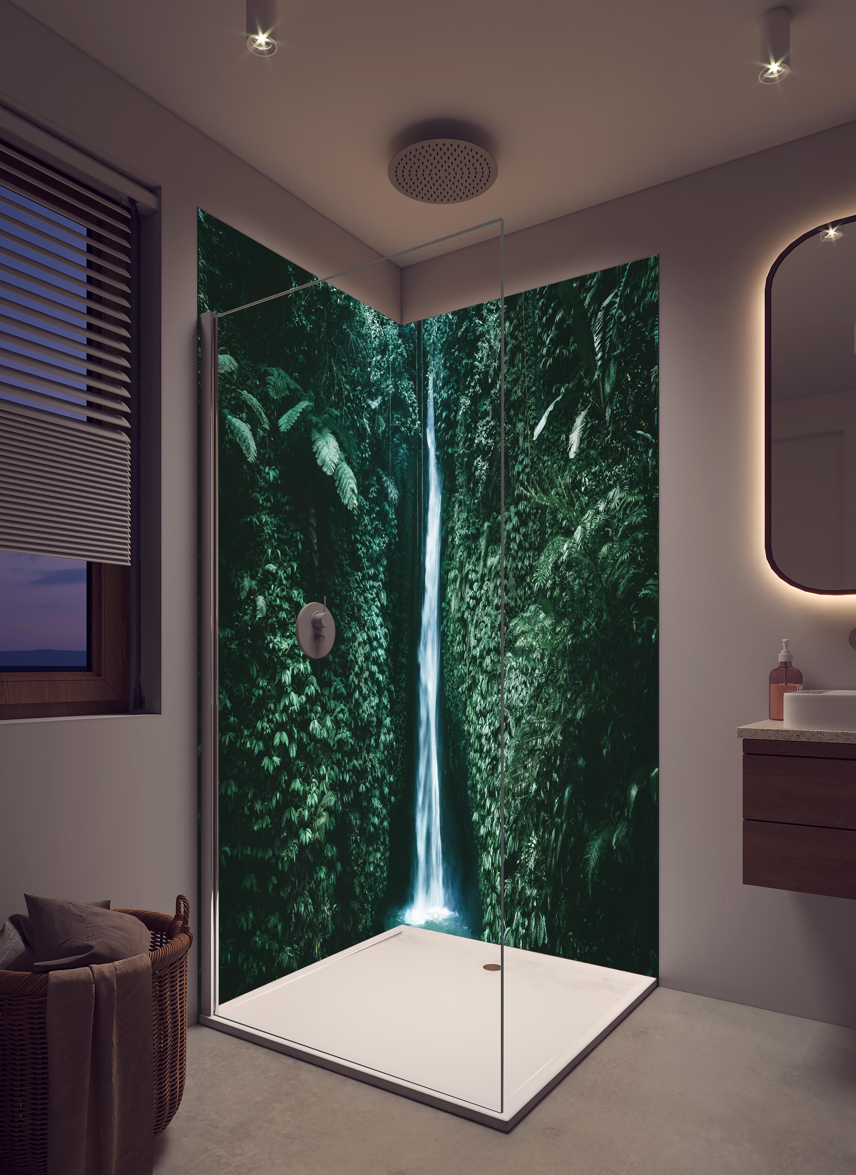Duschrückwand - Erstaunlicher Wasserfall auf Bali in hellem Badezimmer mit Regenduschkopf - zweiteilige Eck-Duschrückwand
