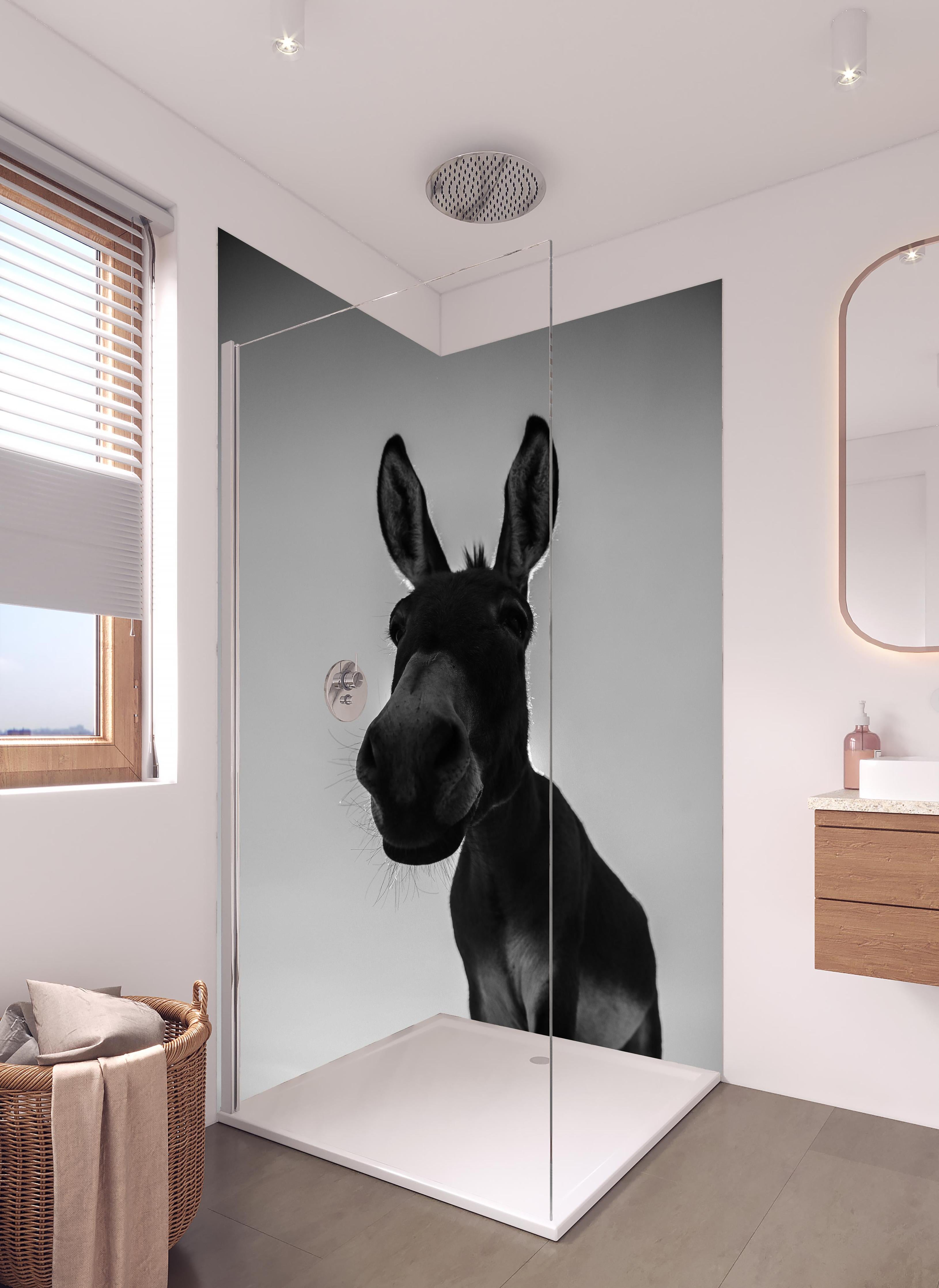 Duschrückwand - Esel - schwarz-weiß in hellem Badezimmer mit Regenduschkopf - zweiteilige Eck-Duschrückwand