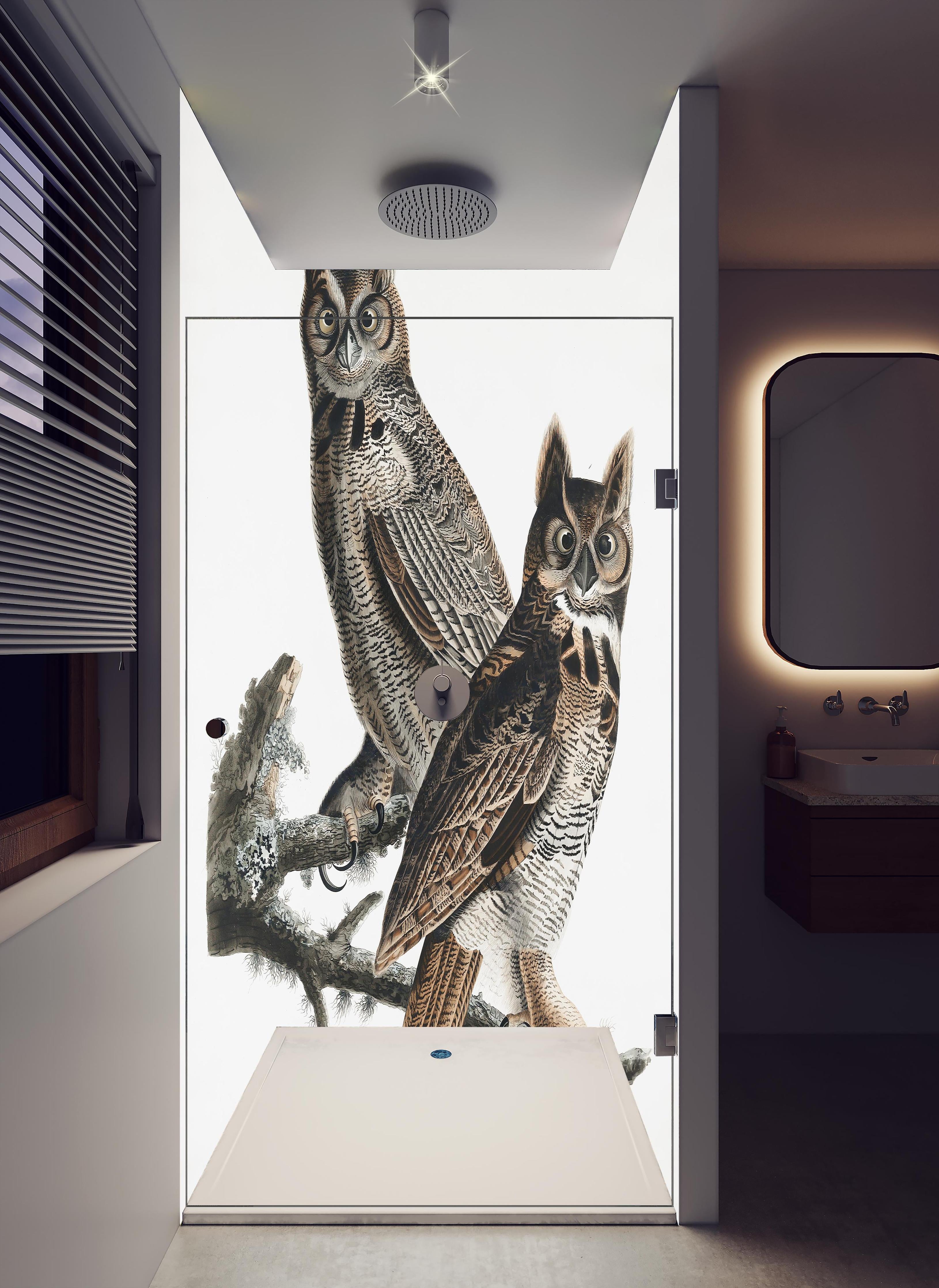 Duschrückwand - Eulen Portrait - Robert Havell in hellem Badezimmer mit Regenduschkopf - zweiteilige Eck-Duschrückwand