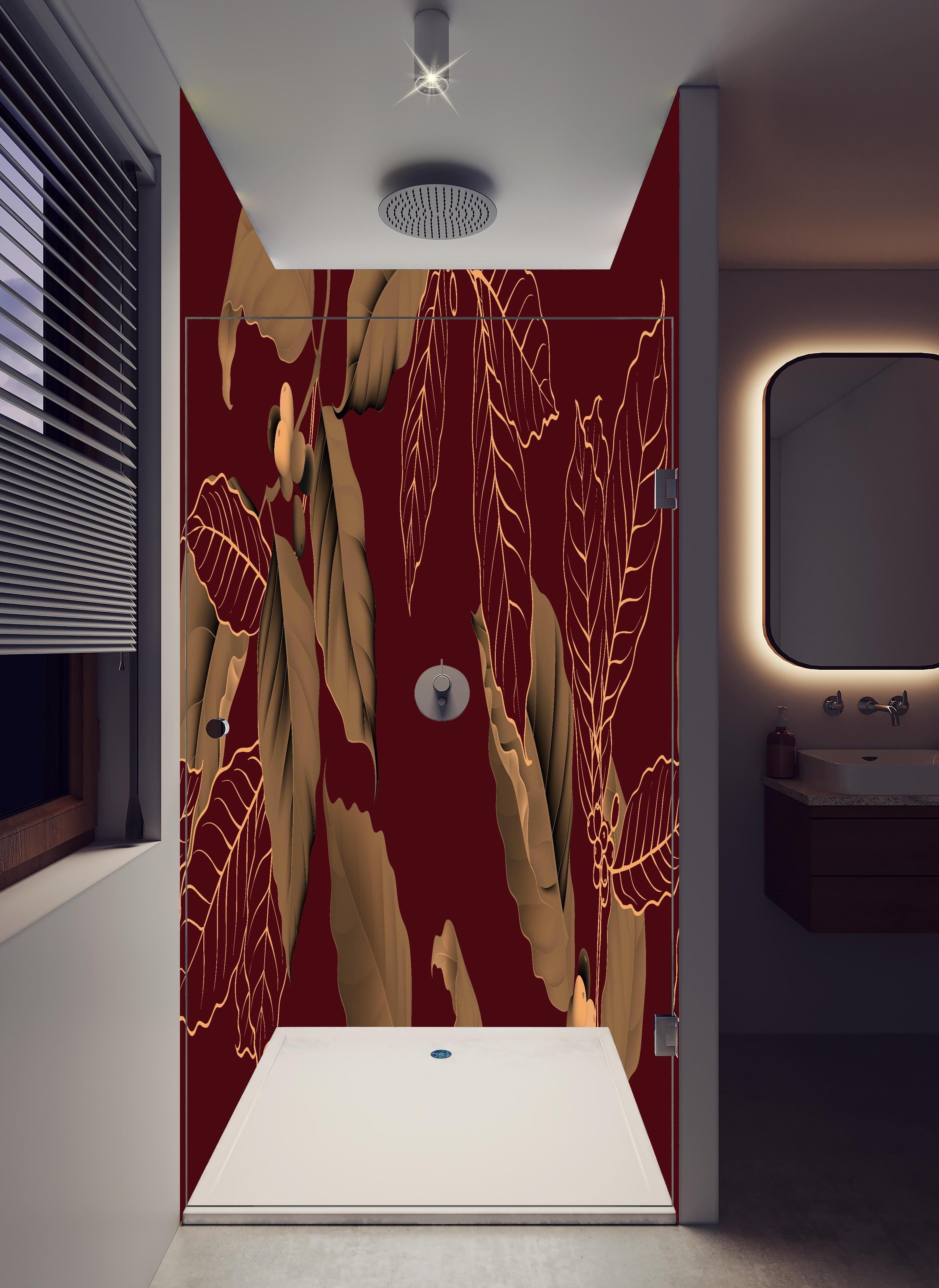 Duschrückwand - Exklusives Kaffeeblätter-Design auf Rot in hellem Badezimmer mit Regenduschkopf - zweiteilige Eck-Duschrückwand