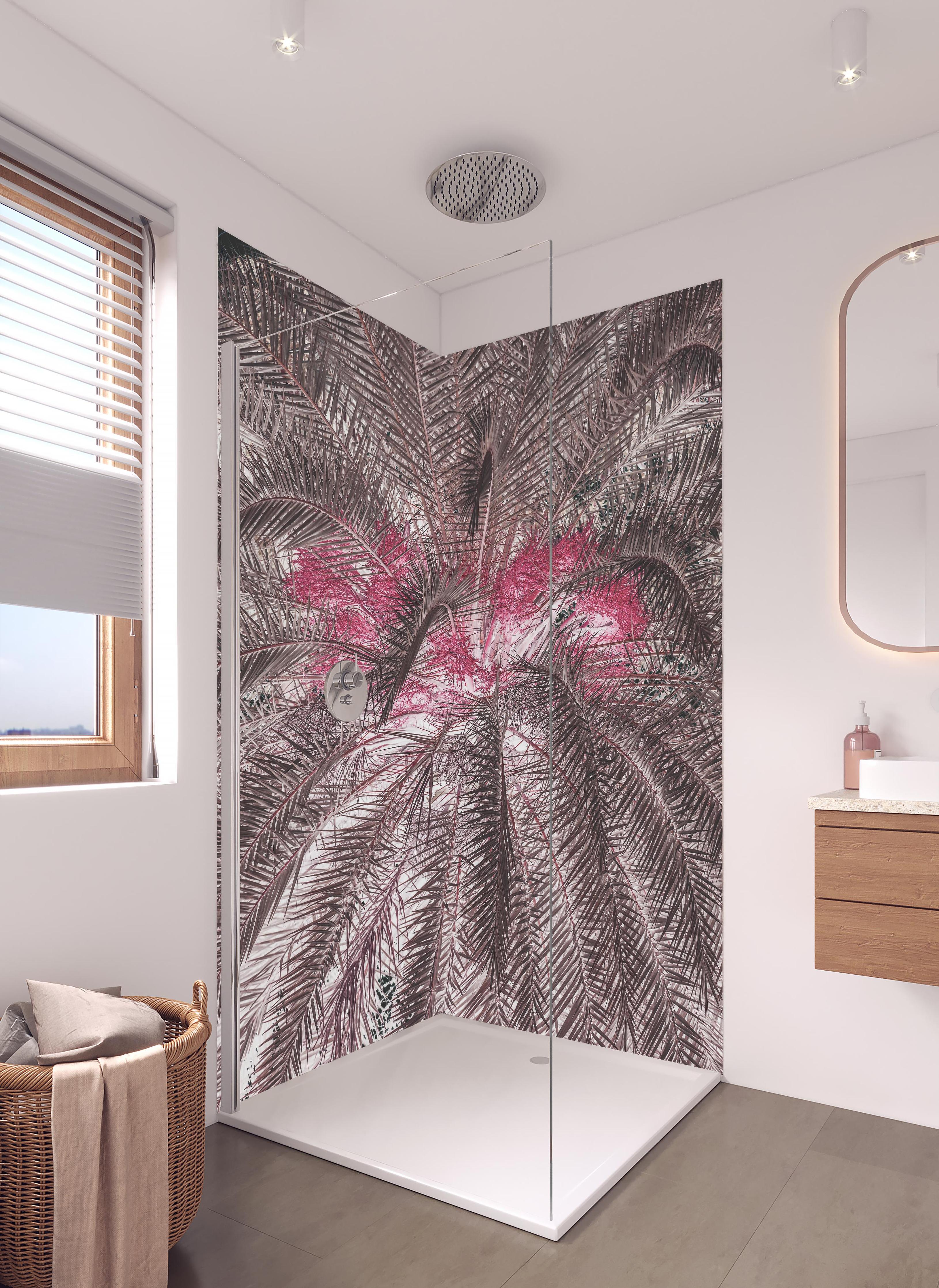 Duschrückwand - Exotic Pink-Purple Palm Texture Close-Up in hellem Badezimmer mit Regenduschkopf - zweiteilige Eck-Duschrückwand