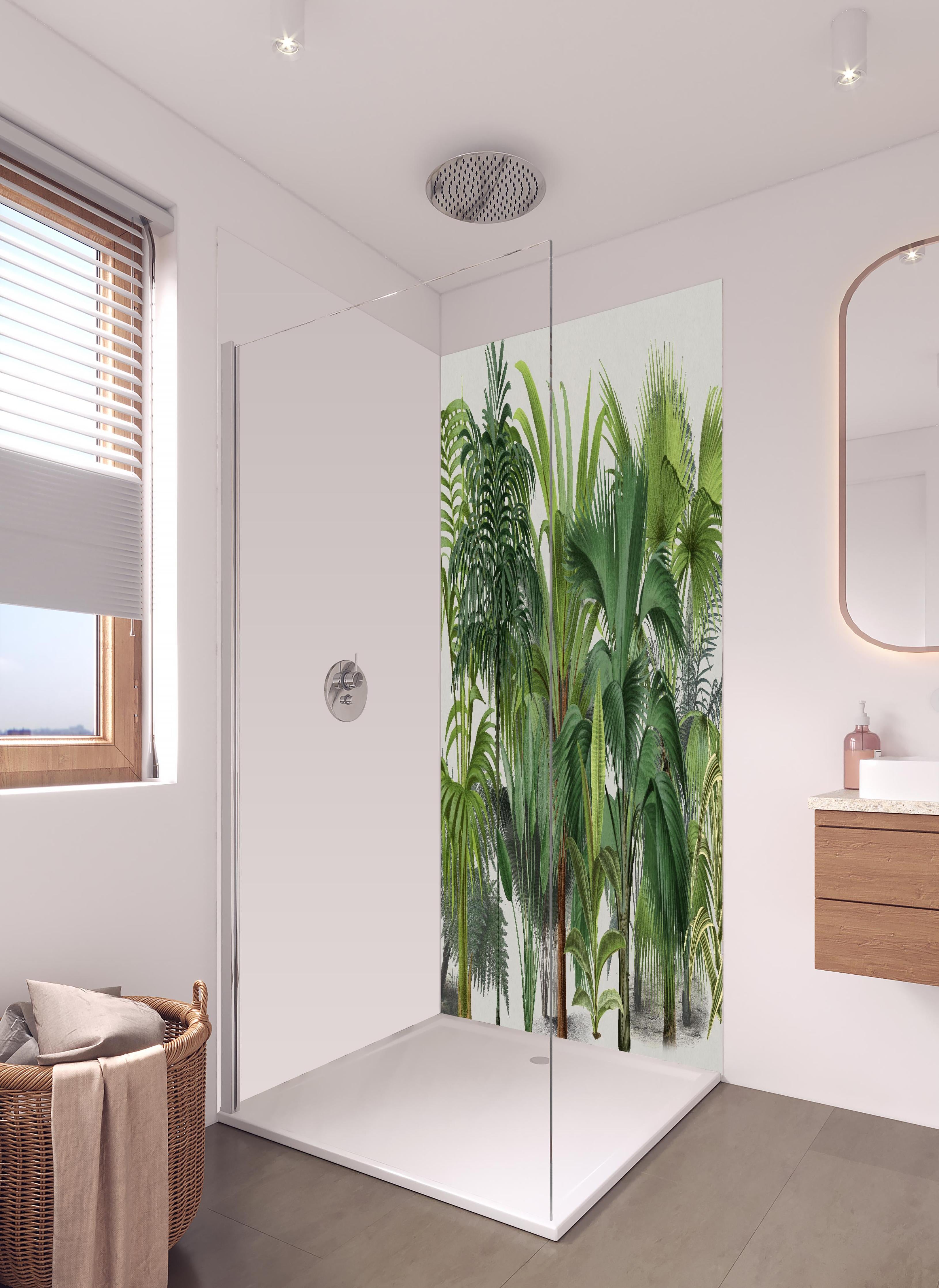 Duschrückwand - Exotische Bäume in hellem Badezimmer mit Regenduschkopf - zweiteilige Eck-Duschrückwand