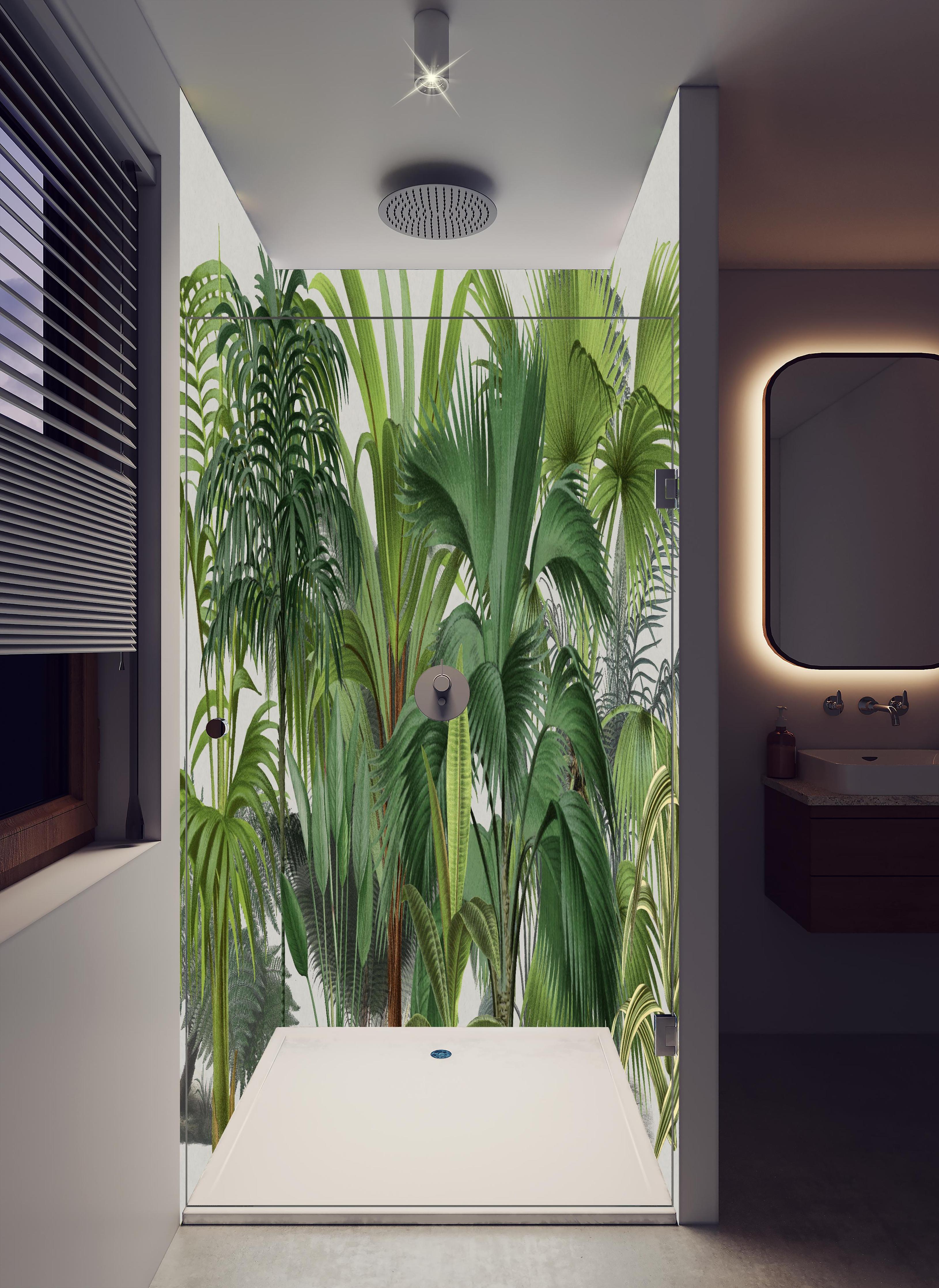Duschrückwand - Exotische Bäume in hellem Badezimmer mit Regenduschkopf - zweiteilige Eck-Duschrückwand