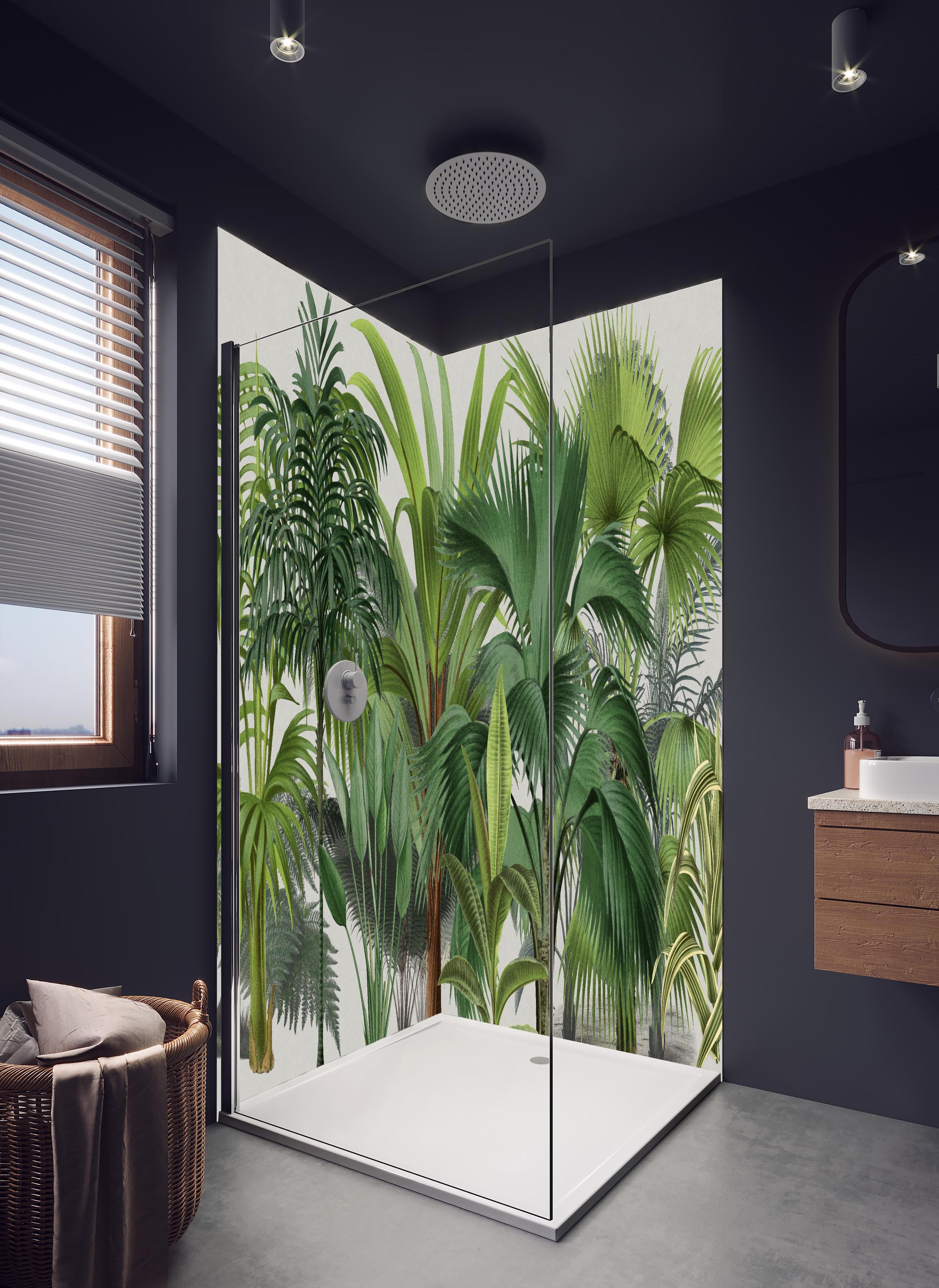 Duschrückwand - Exotische Bäume in hellem Badezimmer mit Regenduschkopf - zweiteilige Eck-Duschrückwand