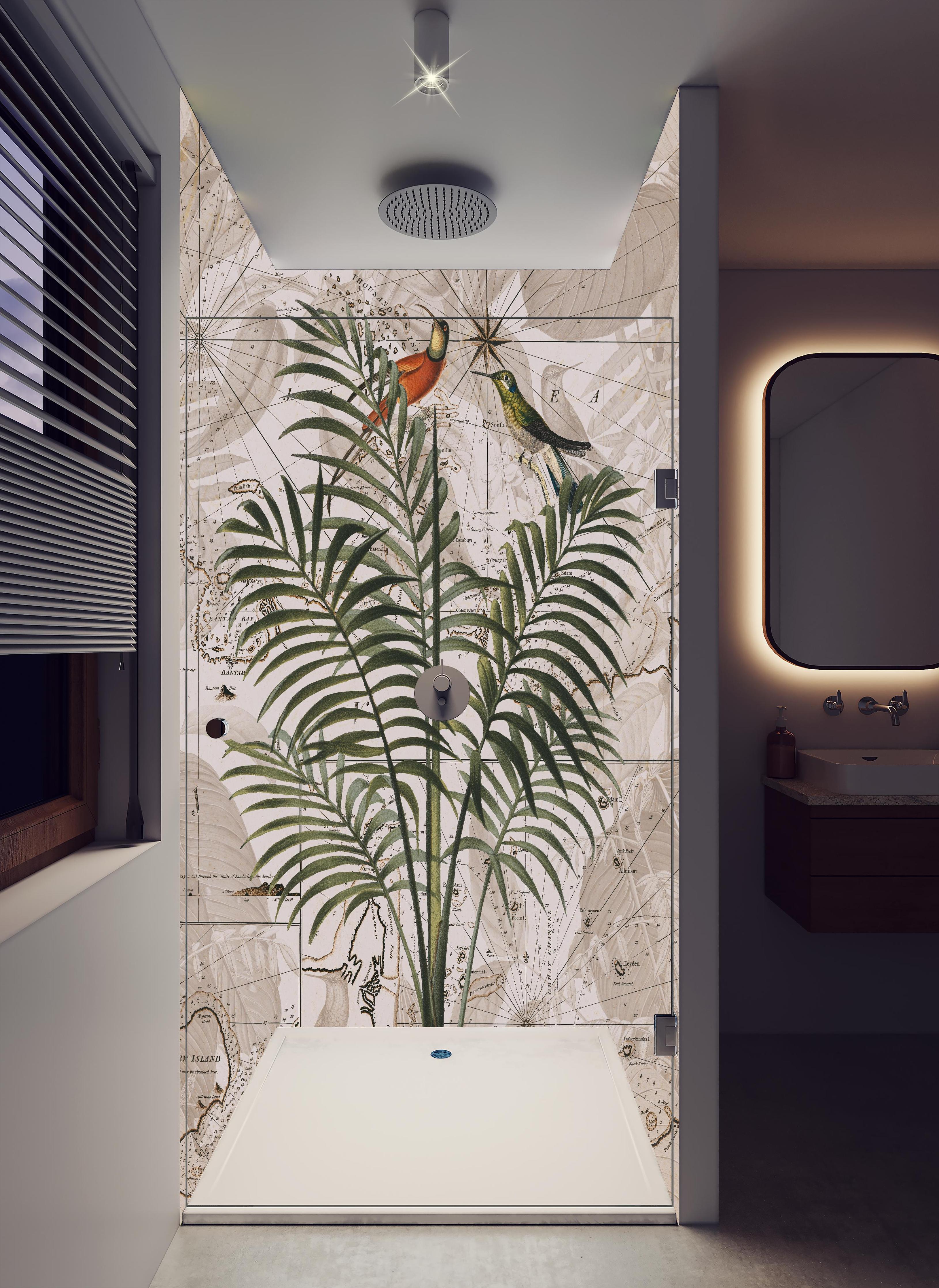 Duschrückwand - Exotische Dschungel Kartenillustration Wandkunst in hellem Badezimmer mit Regenduschkopf - zweiteilige Eck-Duschrückwand