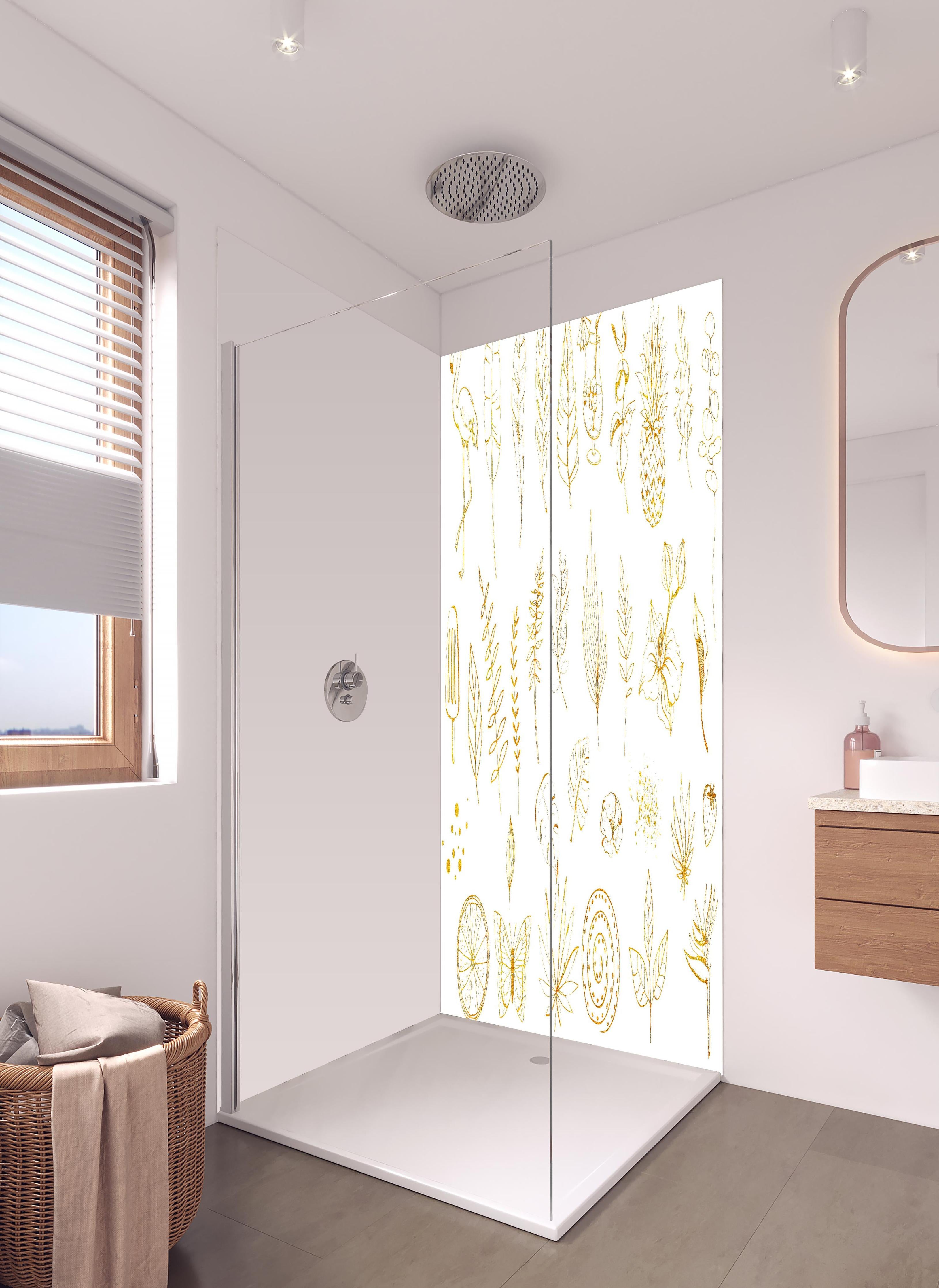 Duschrückwand - Exotische Motive - Zeichenmalerei in hellem Badezimmer mit Regenduschkopf - zweiteilige Eck-Duschrückwand