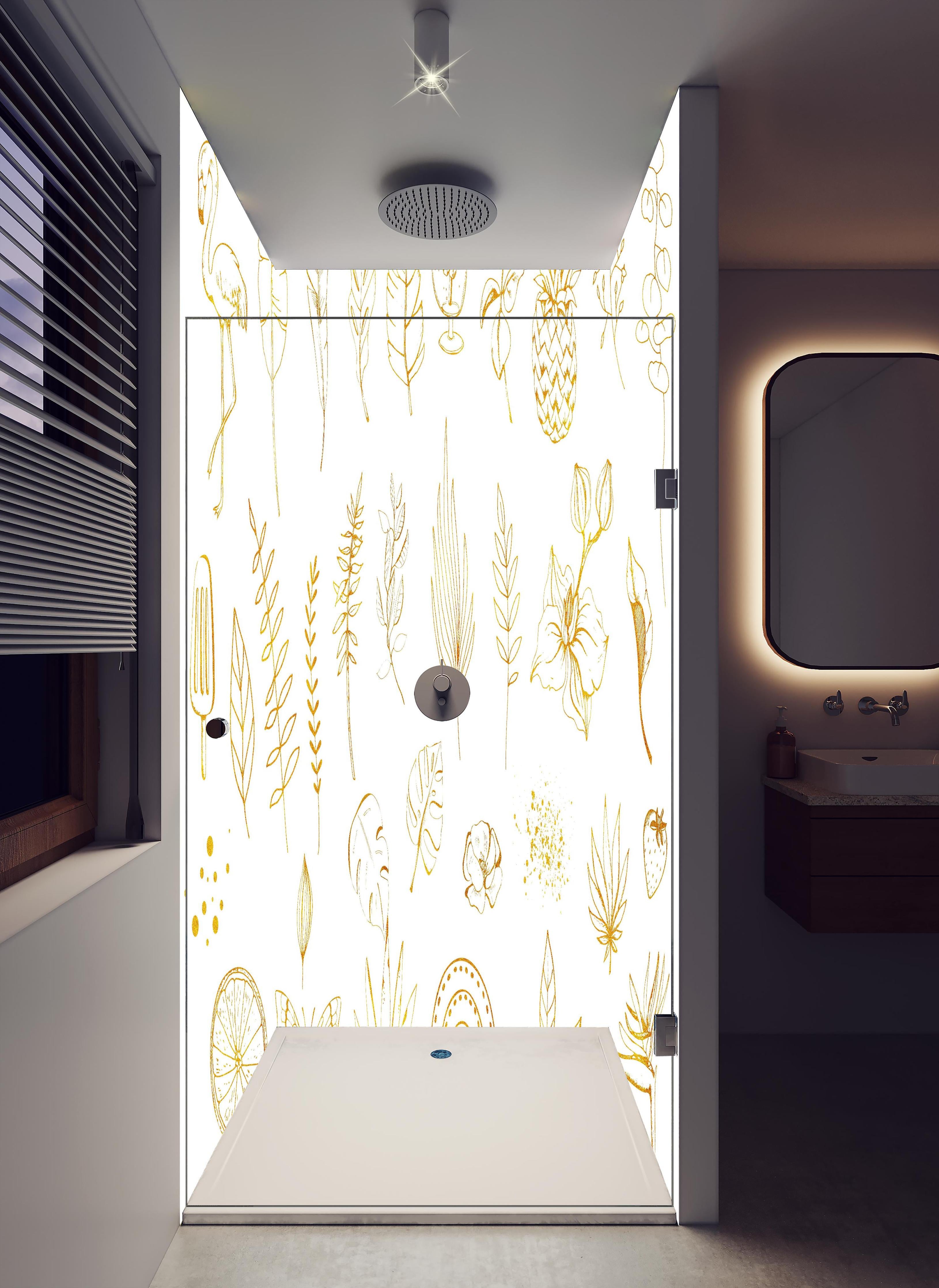 Duschrückwand - Exotische Motive - Zeichenmalerei in hellem Badezimmer mit Regenduschkopf - zweiteilige Eck-Duschrückwand