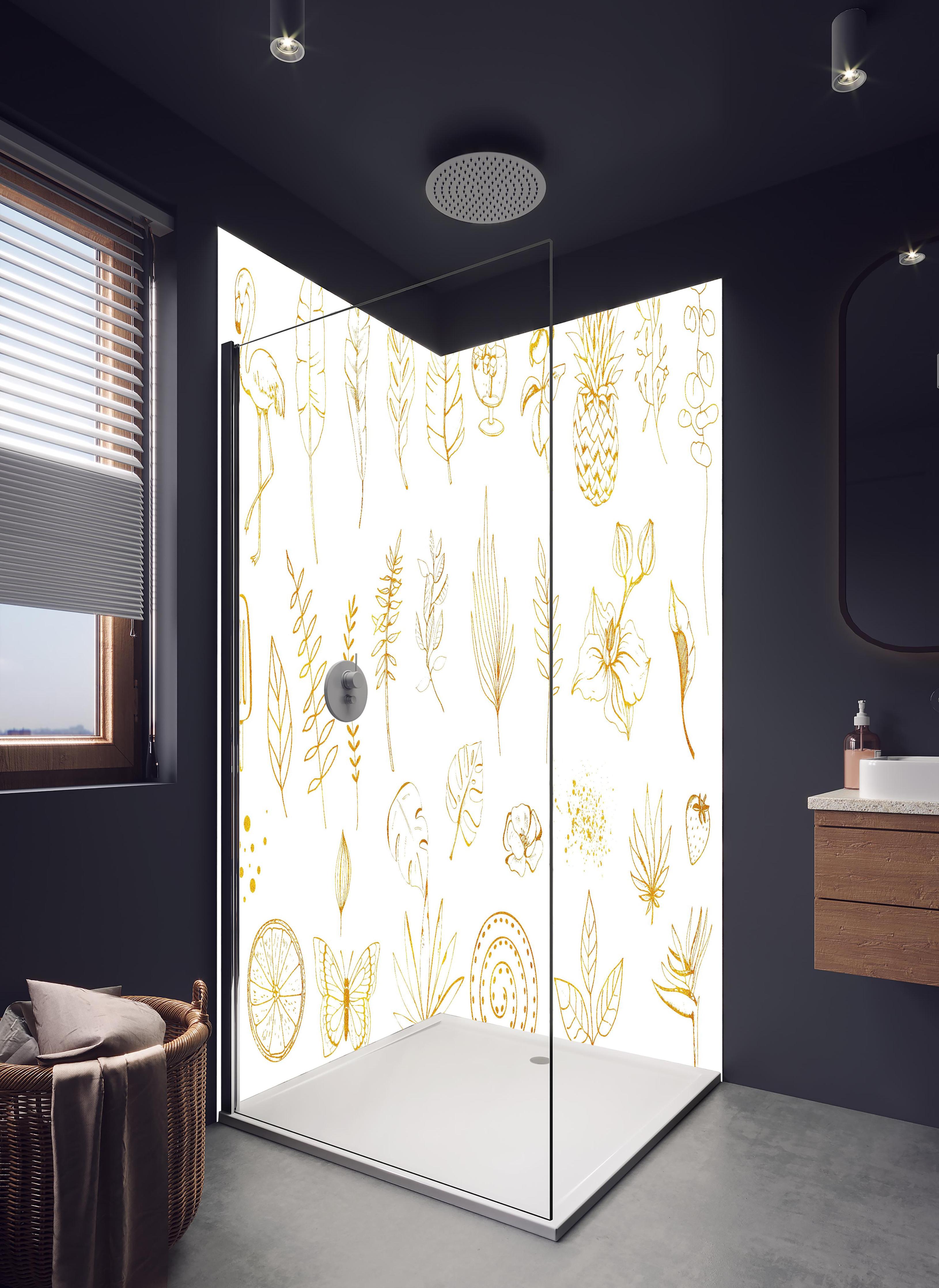 Duschrückwand - Exotische Motive - Zeichenmalerei in hellem Badezimmer mit Regenduschkopf - zweiteilige Eck-Duschrückwand