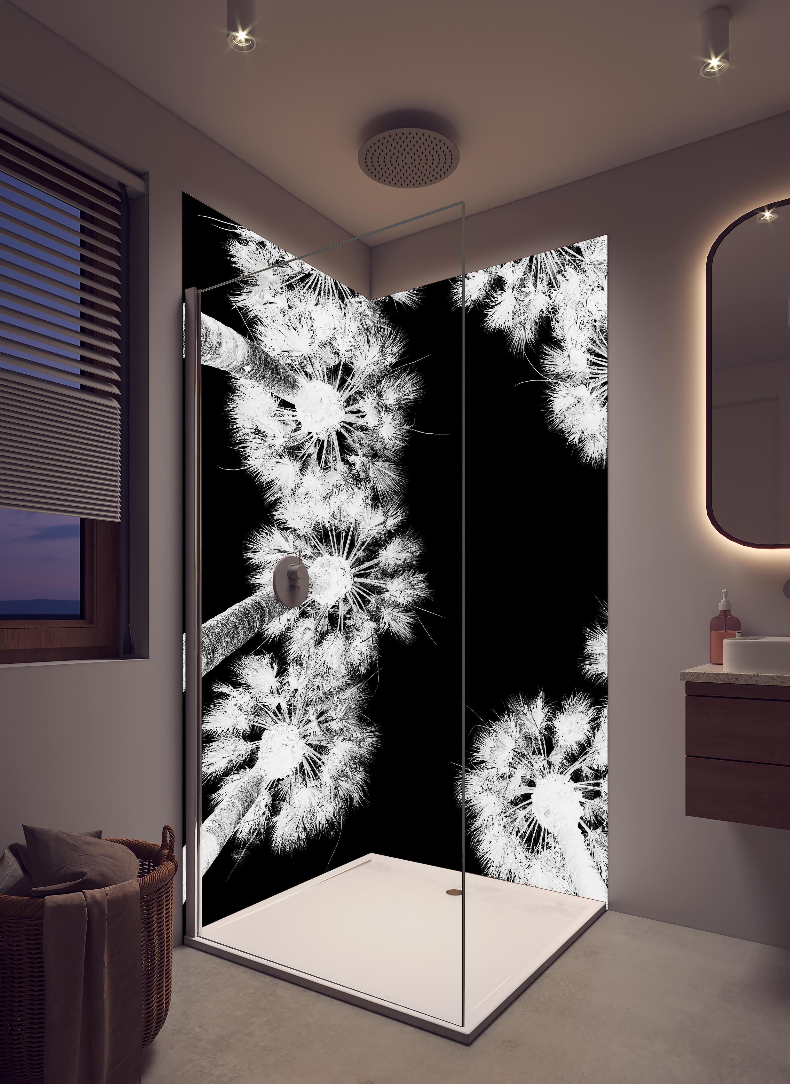 Duschrückwand - Exotische Palmen - Schwarz-weiß in hellem Badezimmer mit Regenduschkopf - zweiteilige Eck-Duschrückwand