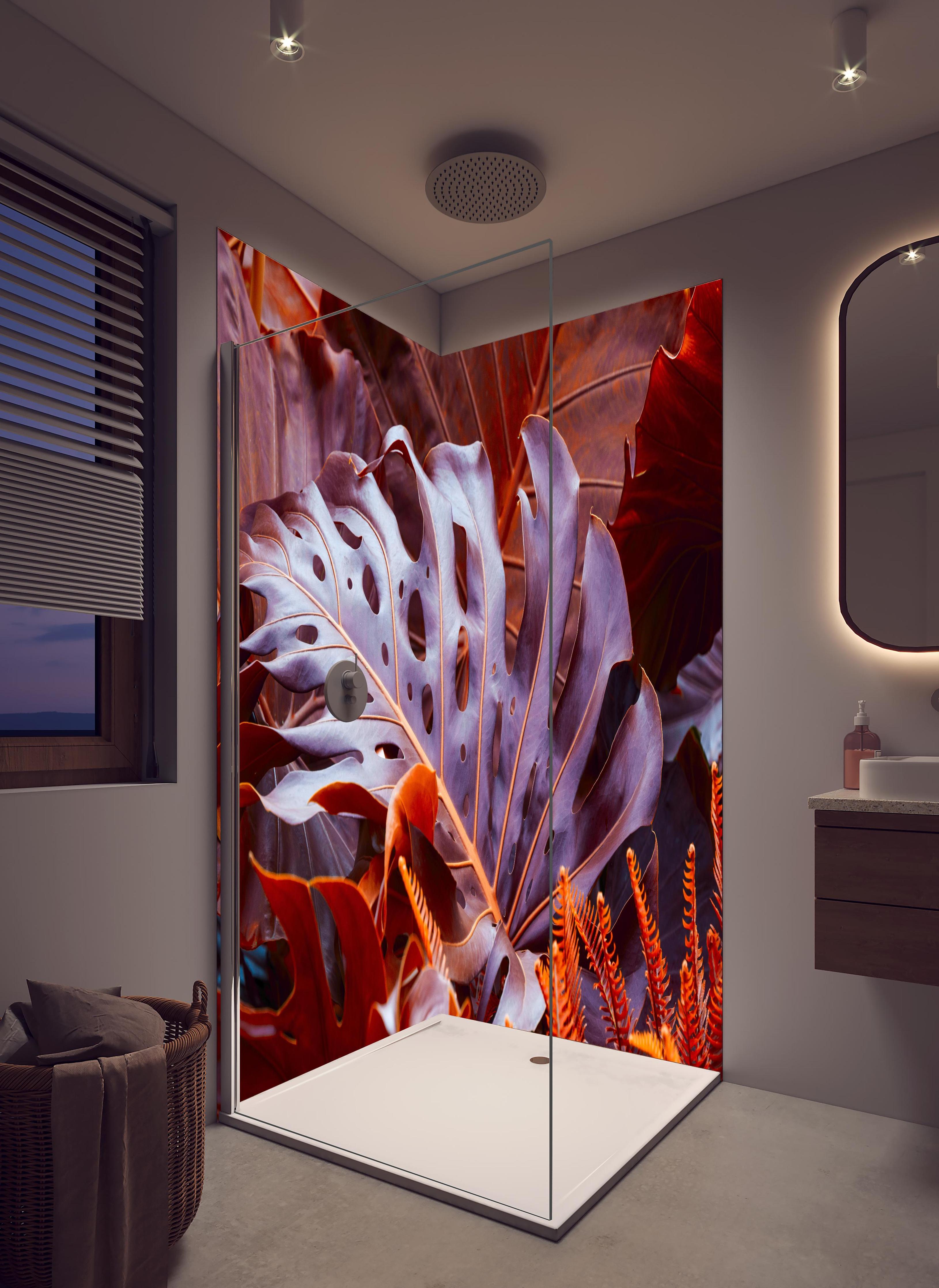 Duschrückwand - Exotische Pflanze im Detail in hellem Badezimmer mit Regenduschkopf - zweiteilige Eck-Duschrückwand