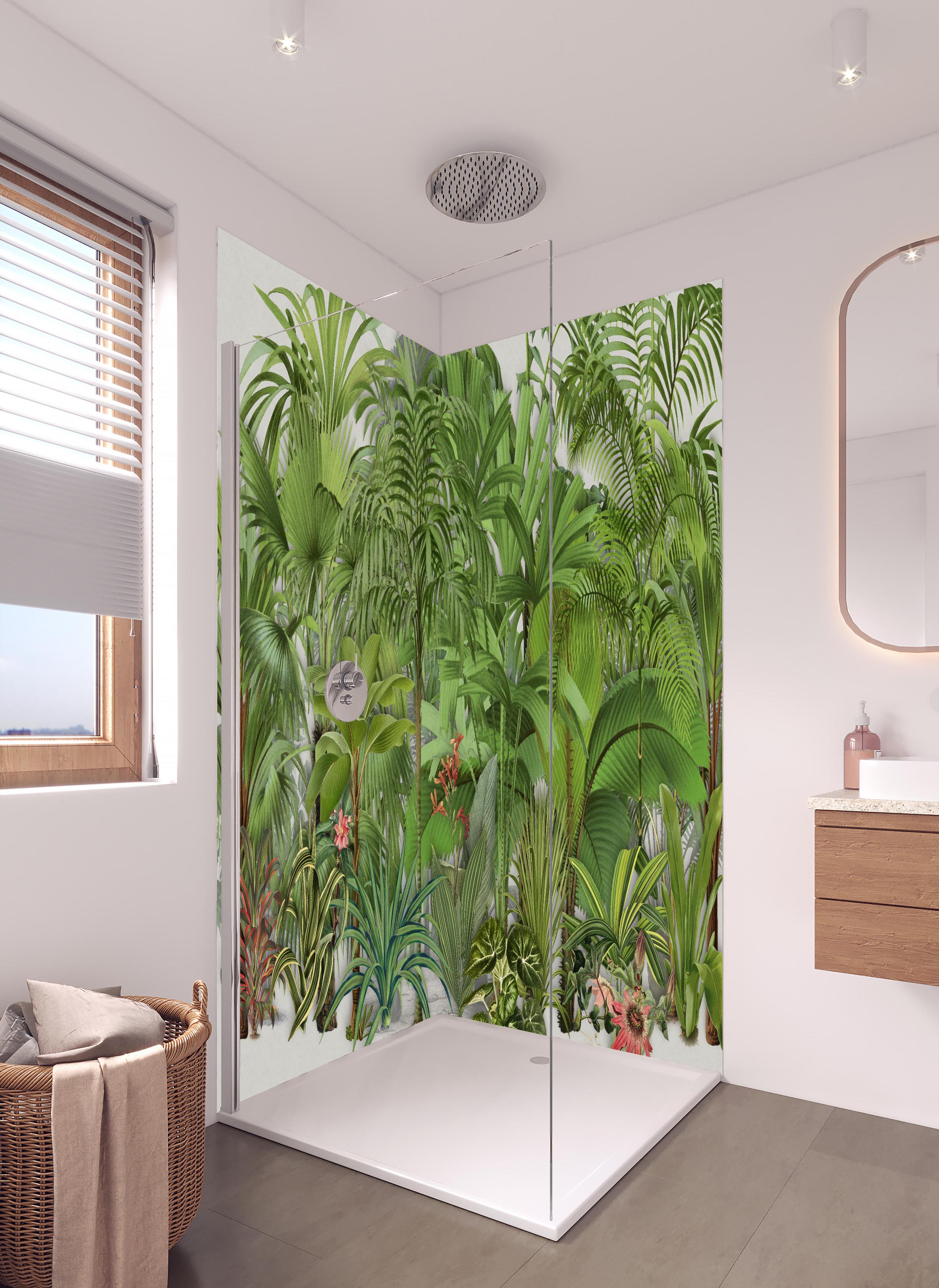 Duschrückwand - Exotische Pflanzen in hellem Badezimmer mit Regenduschkopf - zweiteilige Eck-Duschrückwand