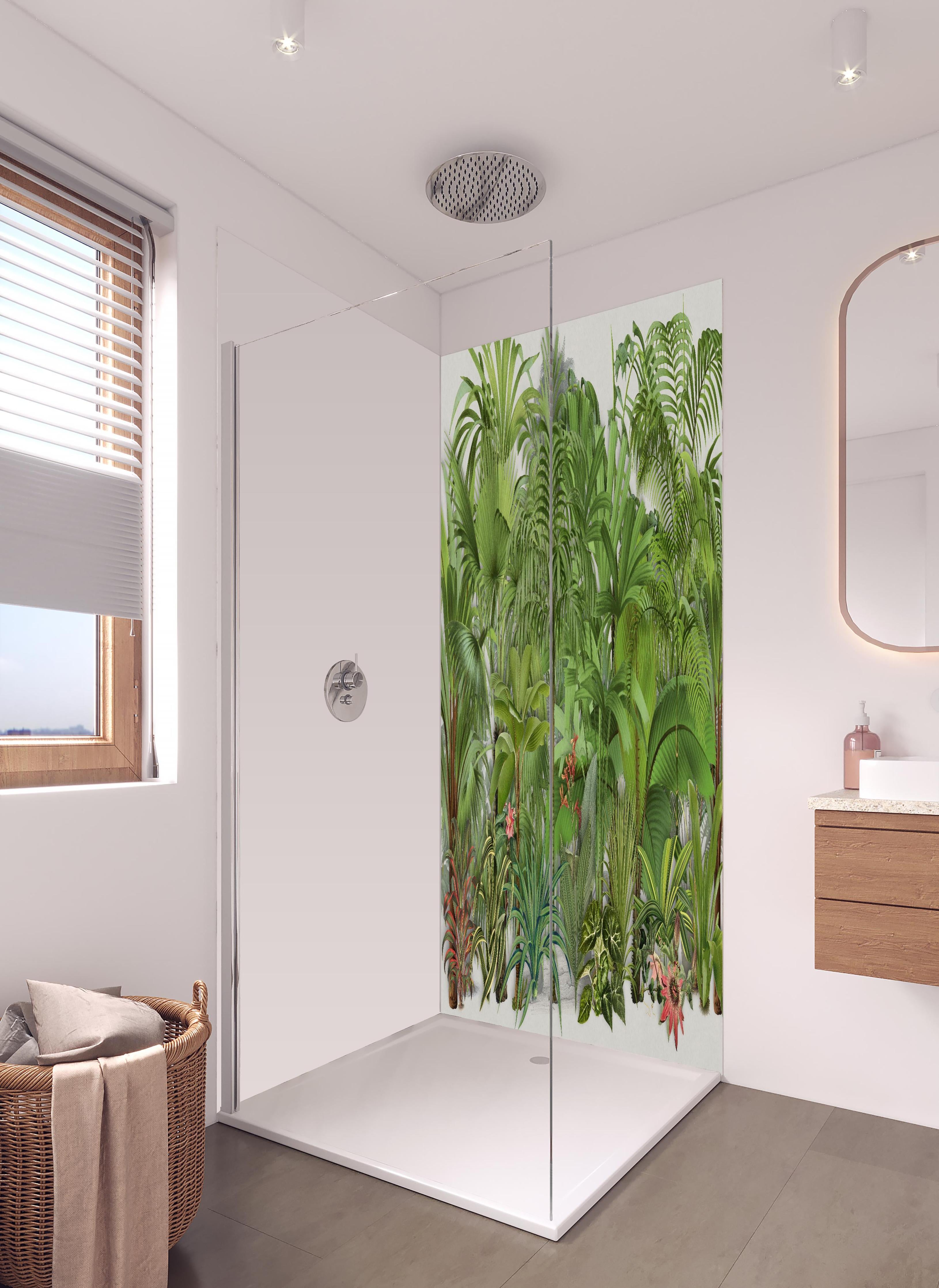 Duschrückwand - Exotische Pflanzen in hellem Badezimmer mit Regenduschkopf - zweiteilige Eck-Duschrückwand