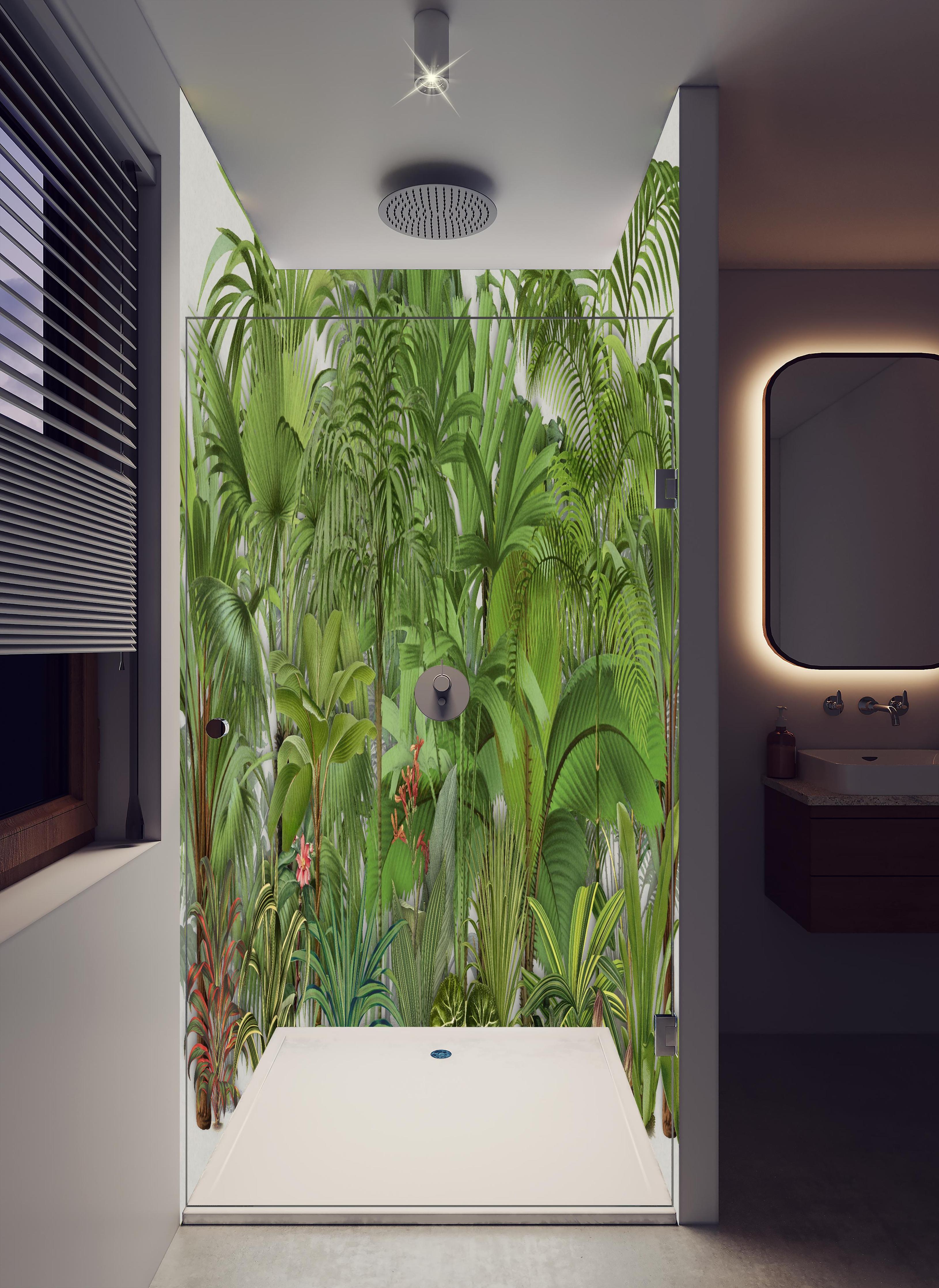 Duschrückwand - Exotische Pflanzen in hellem Badezimmer mit Regenduschkopf - zweiteilige Eck-Duschrückwand