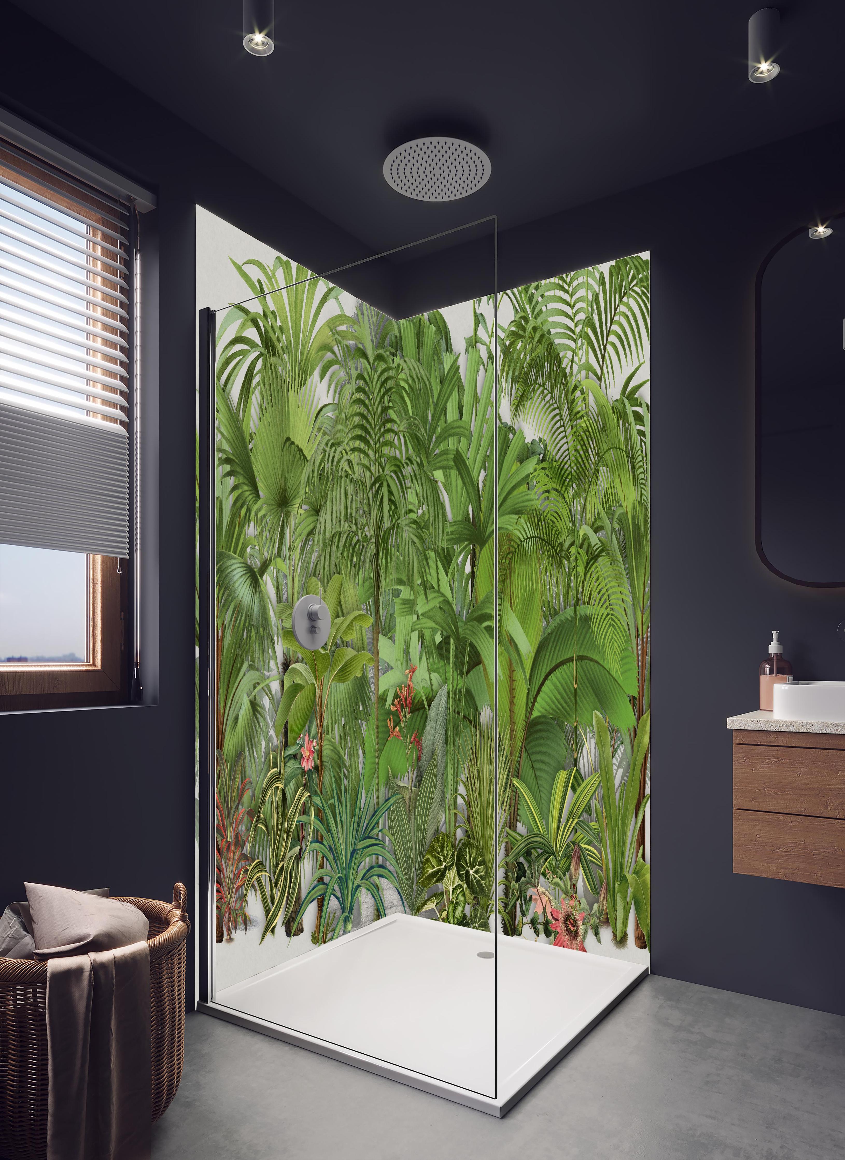 Duschrückwand - Exotische Pflanzen in hellem Badezimmer mit Regenduschkopf - zweiteilige Eck-Duschrückwand