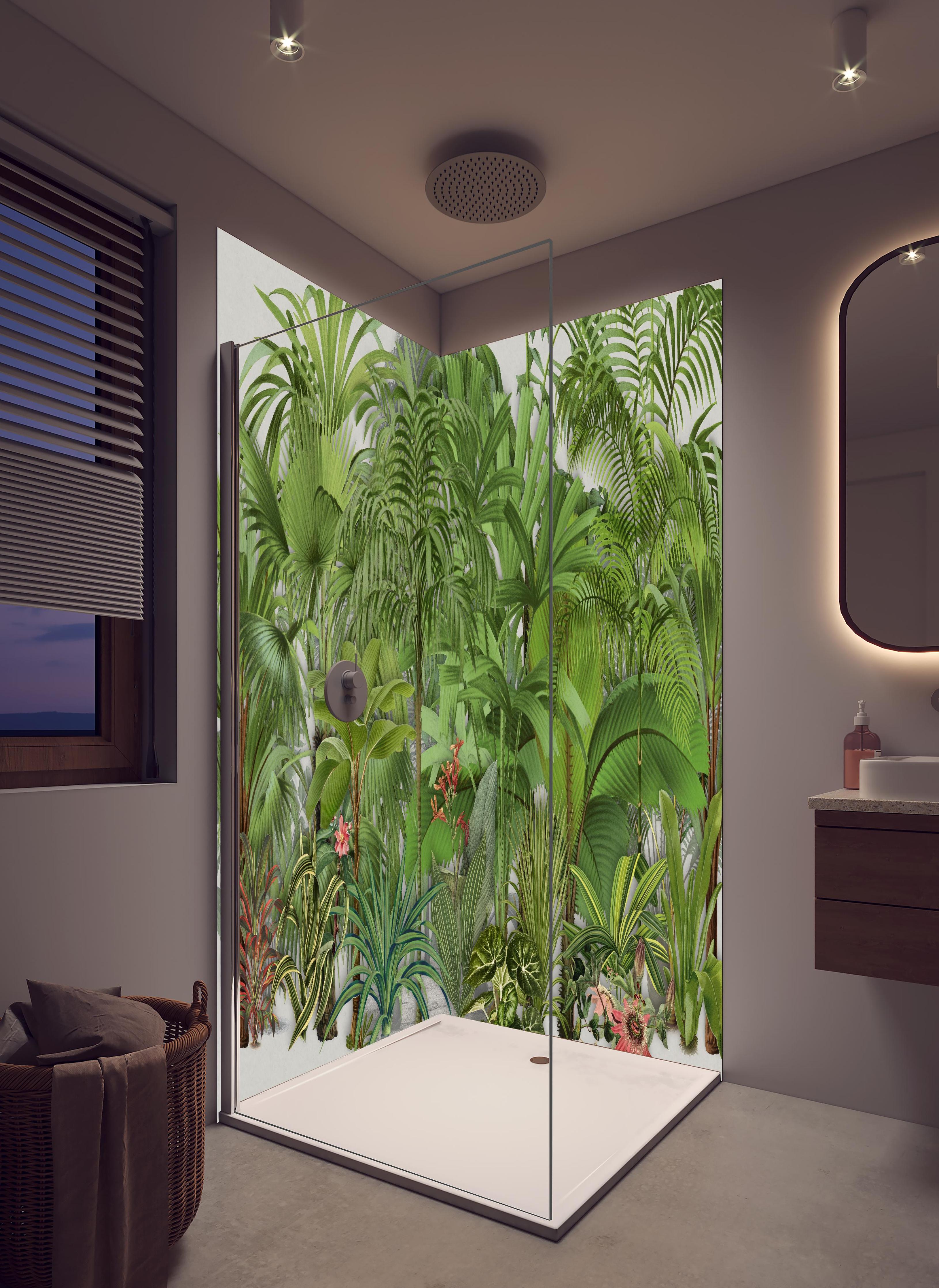 Duschrückwand - Exotische Pflanzen in hellem Badezimmer mit Regenduschkopf - zweiteilige Eck-Duschrückwand