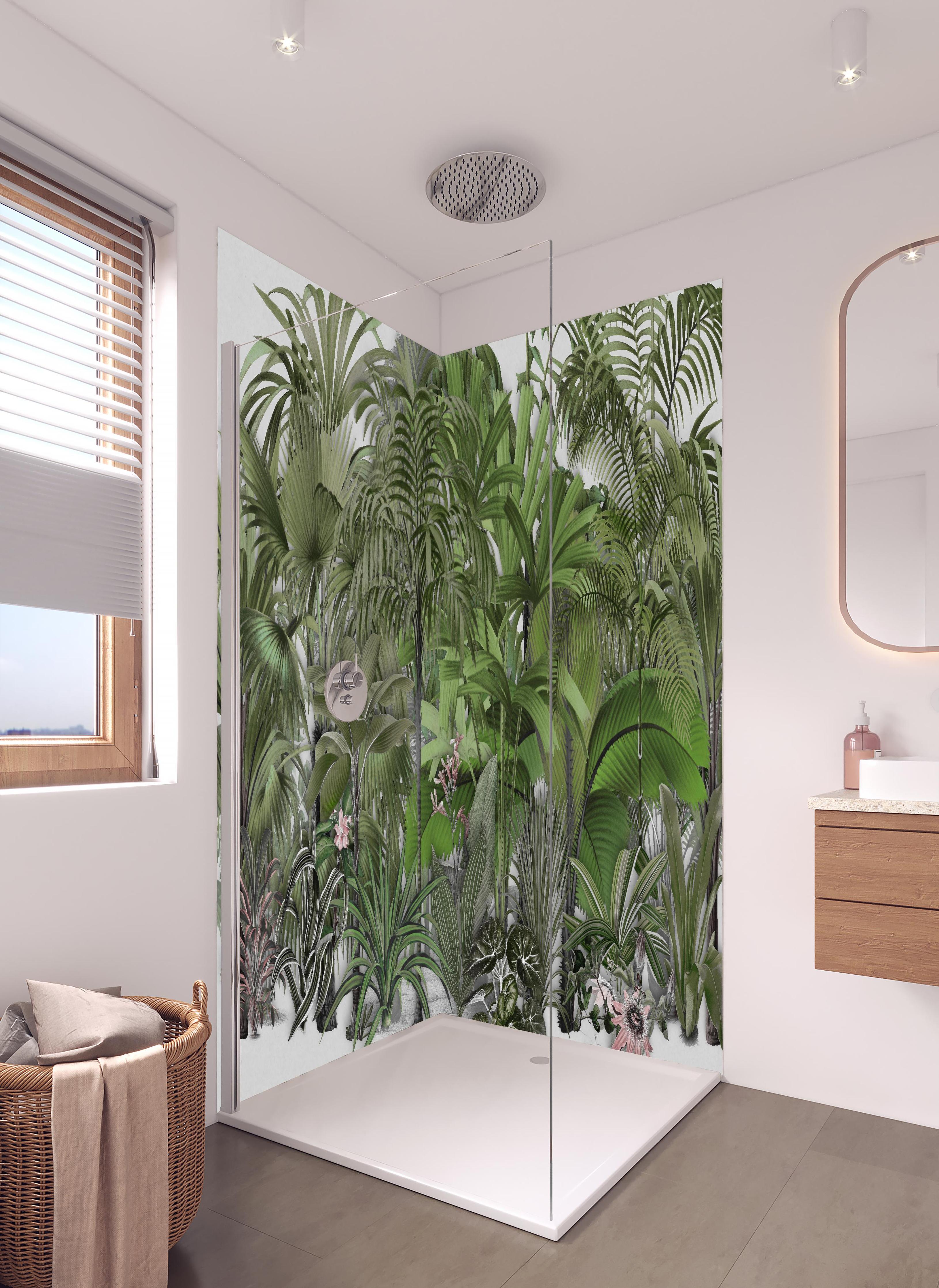 Duschrückwand - Exotische Sträuche in hellem Badezimmer mit Regenduschkopf - zweiteilige Eck-Duschrückwand