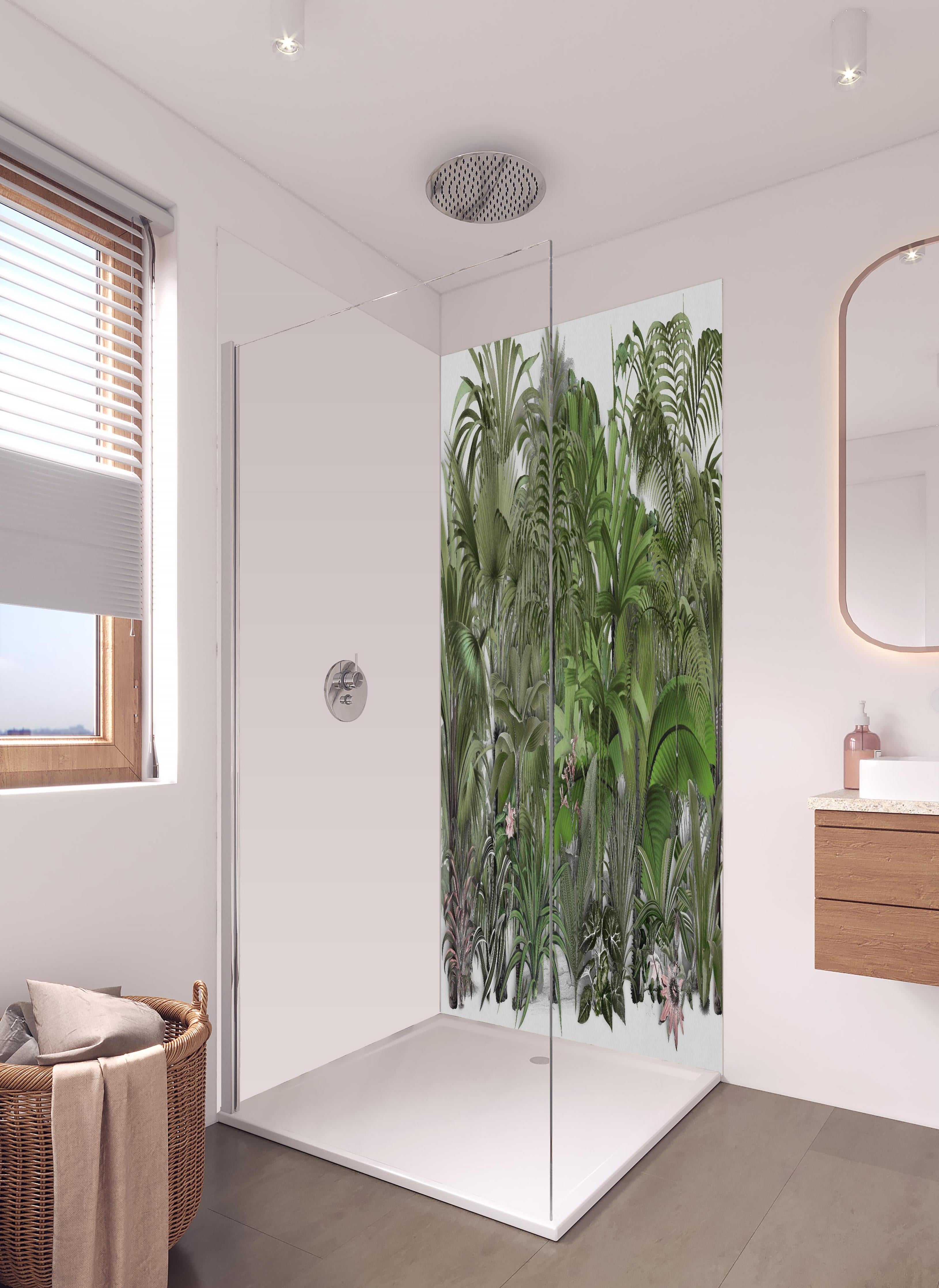 Duschrückwand - Exotische Sträuche in hellem Badezimmer mit Regenduschkopf - zweiteilige Eck-Duschrückwand
