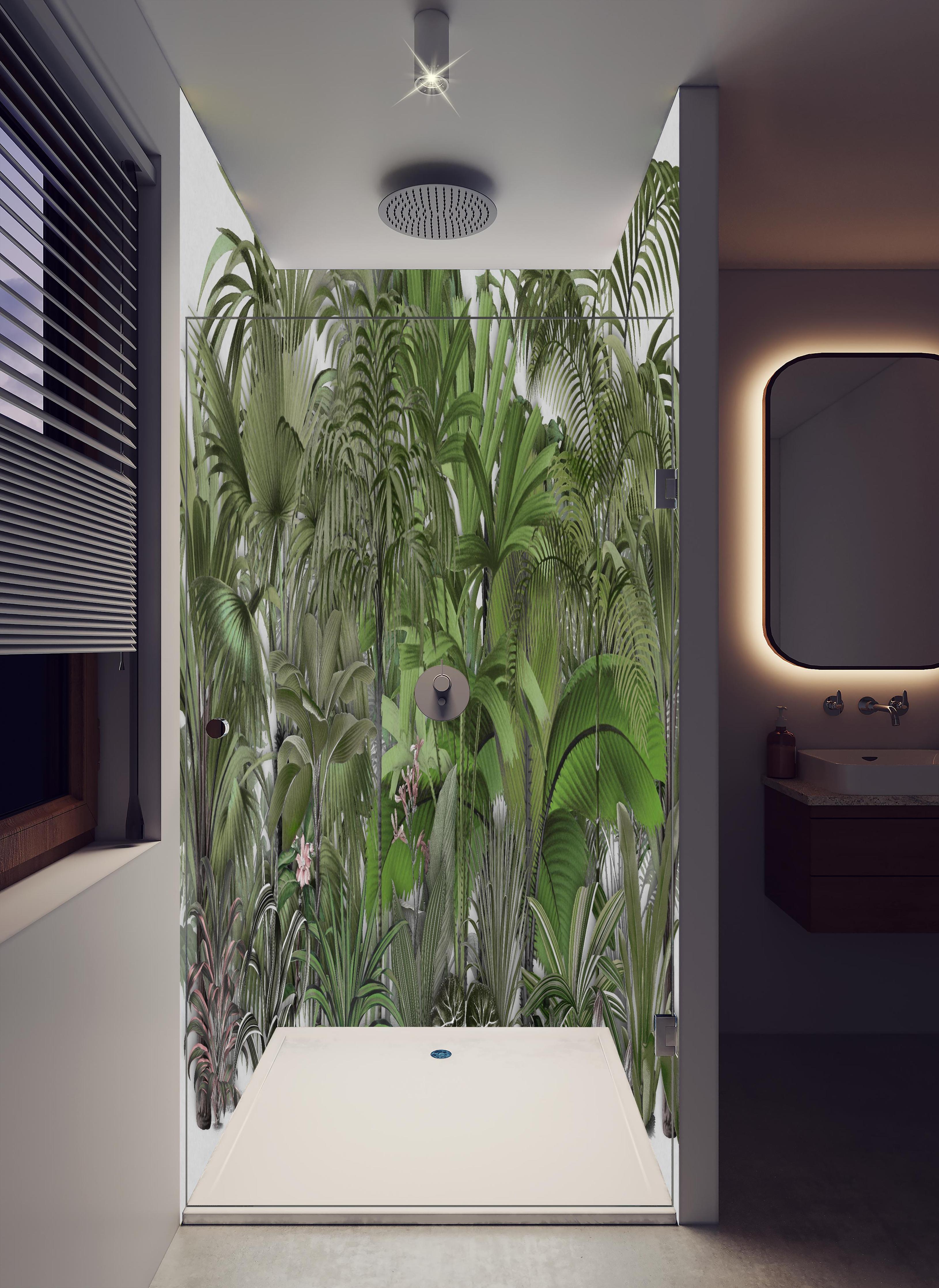 Duschrückwand - Exotische Sträuche in hellem Badezimmer mit Regenduschkopf - zweiteilige Eck-Duschrückwand