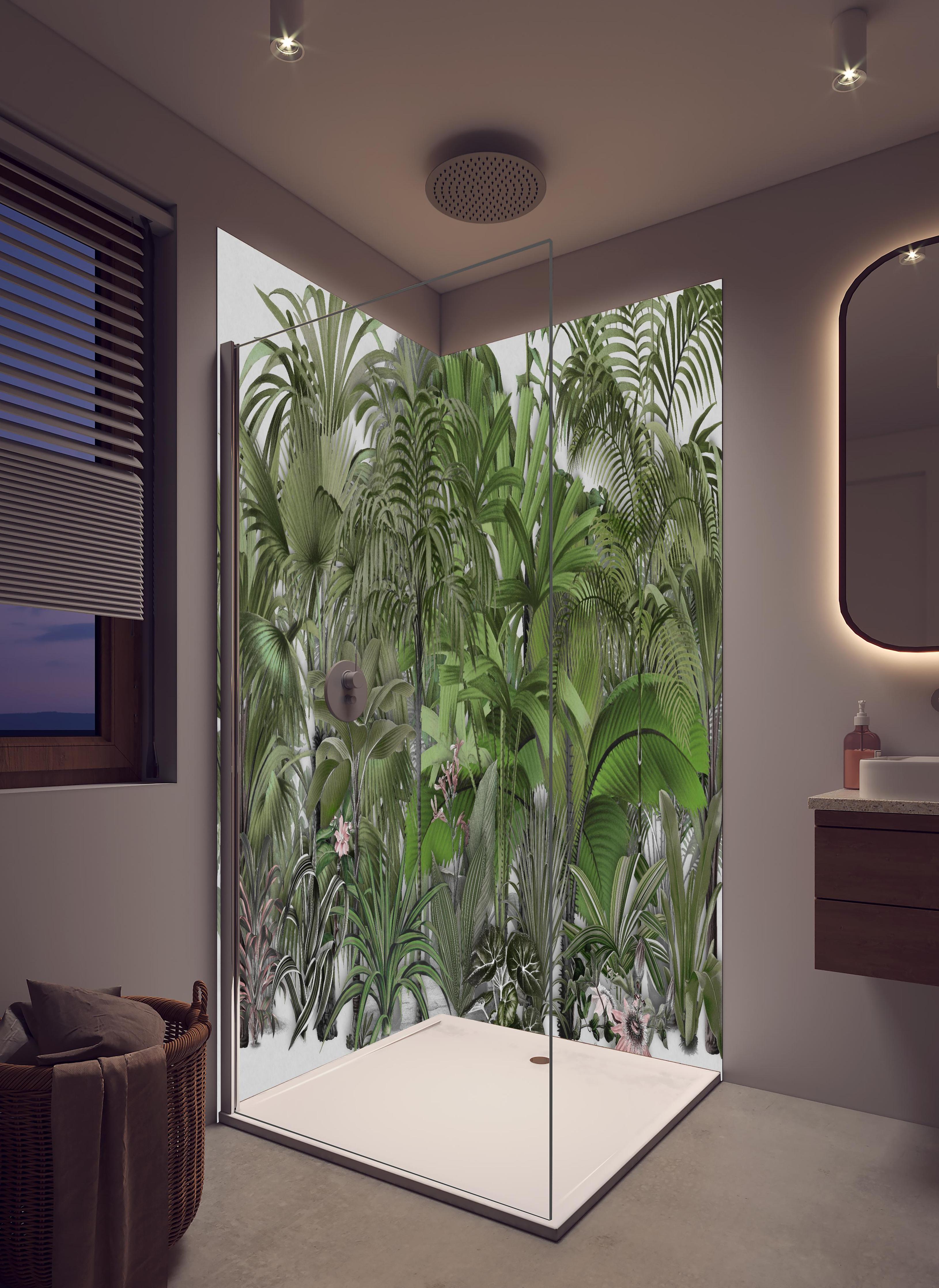 Duschrückwand - Exotische Sträuche in hellem Badezimmer mit Regenduschkopf - zweiteilige Eck-Duschrückwand