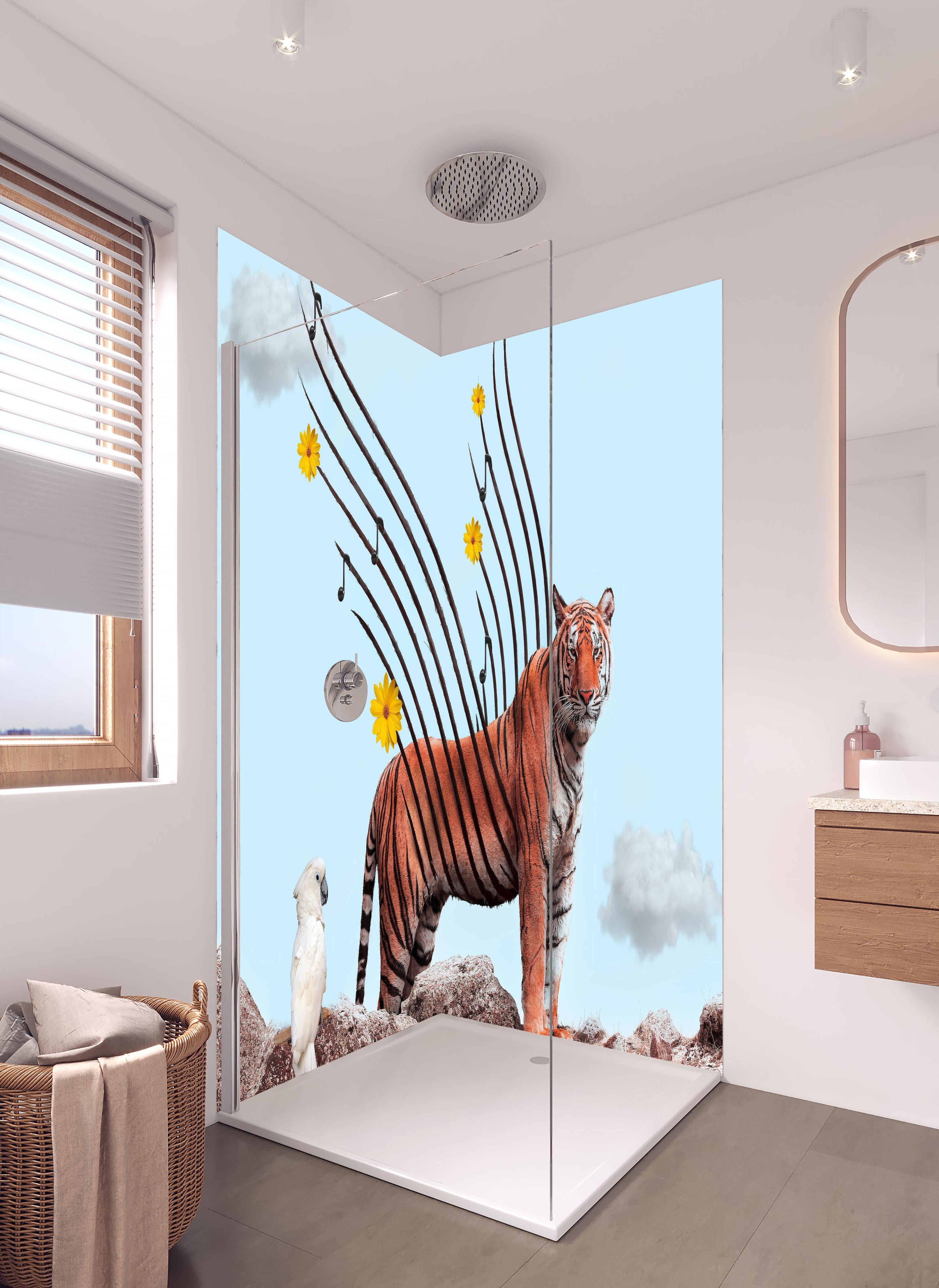 Duschrückwand - Exotischer Tiger - Grafik in hellem Badezimmer mit Regenduschkopf - zweiteilige Eck-Duschrückwand