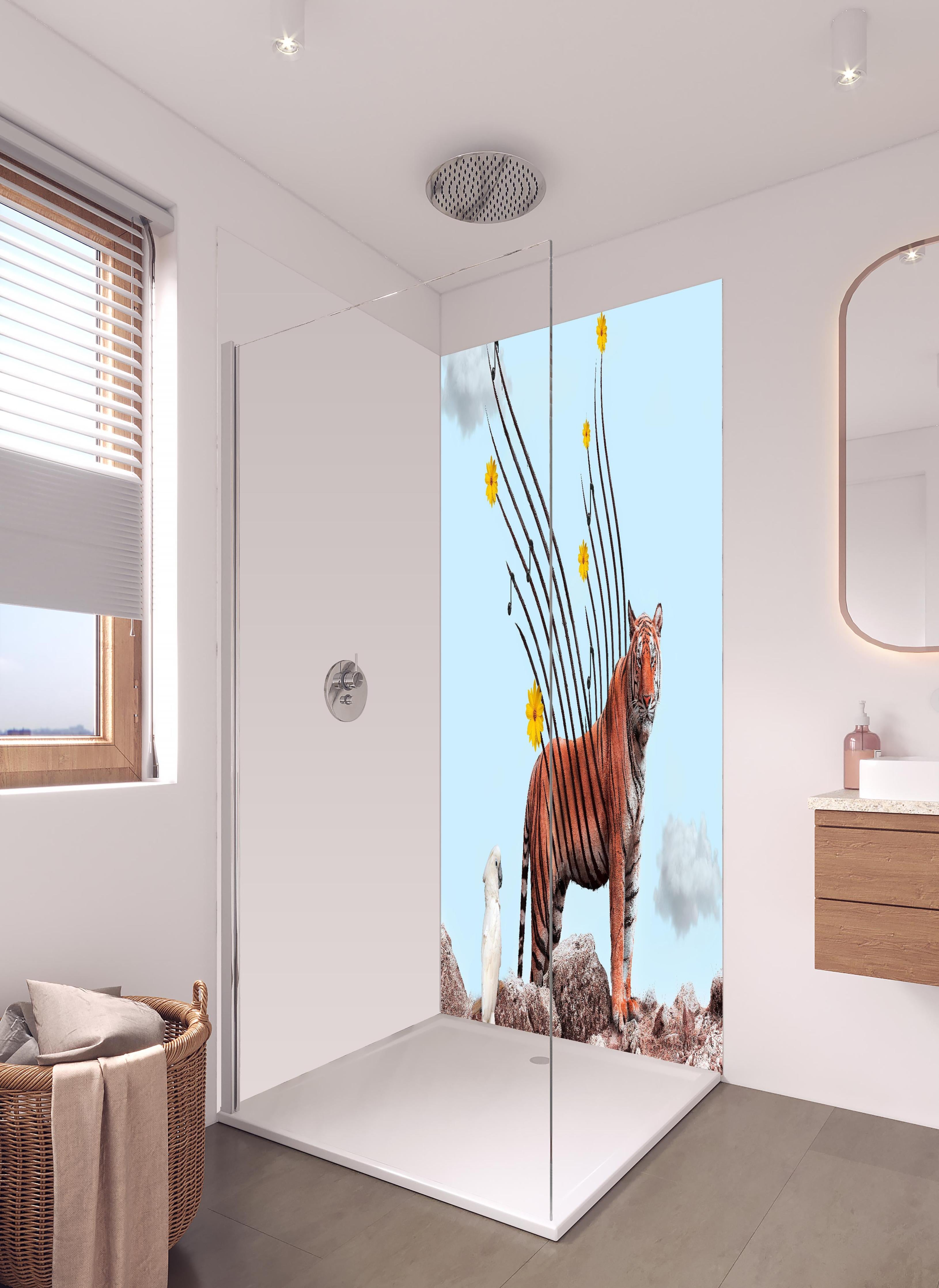 Duschrückwand - Exotischer Tiger - Grafik in hellem Badezimmer mit Regenduschkopf - zweiteilige Eck-Duschrückwand