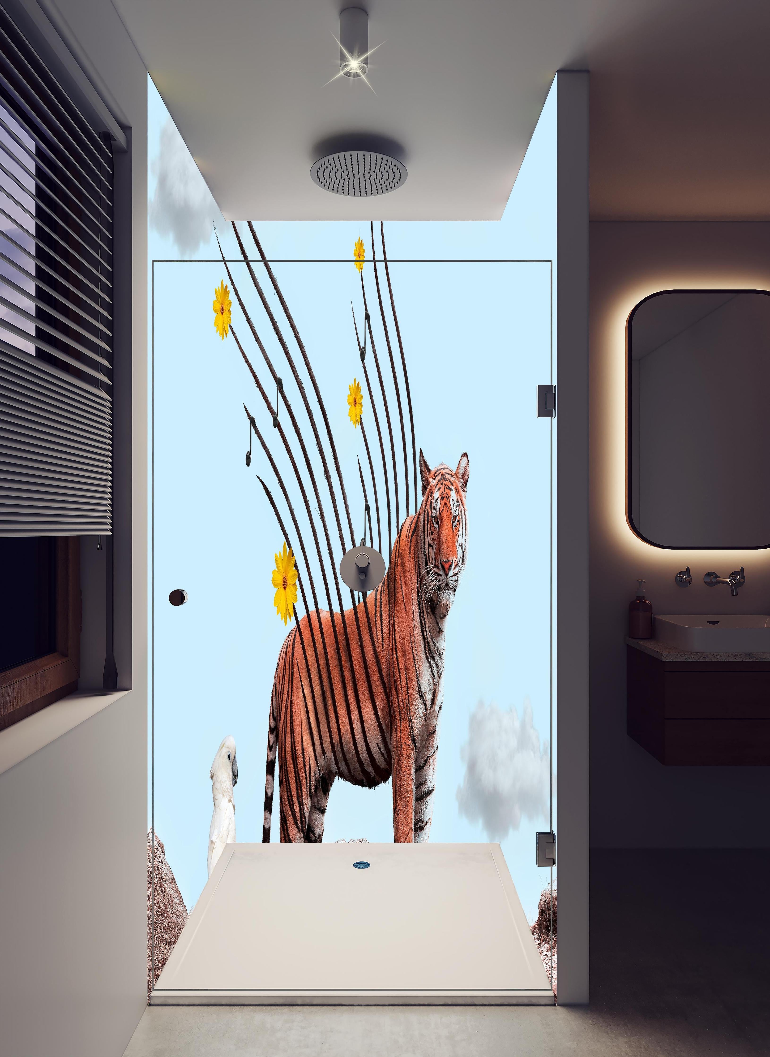 Duschrückwand - Exotischer Tiger - Grafik in hellem Badezimmer mit Regenduschkopf - zweiteilige Eck-Duschrückwand