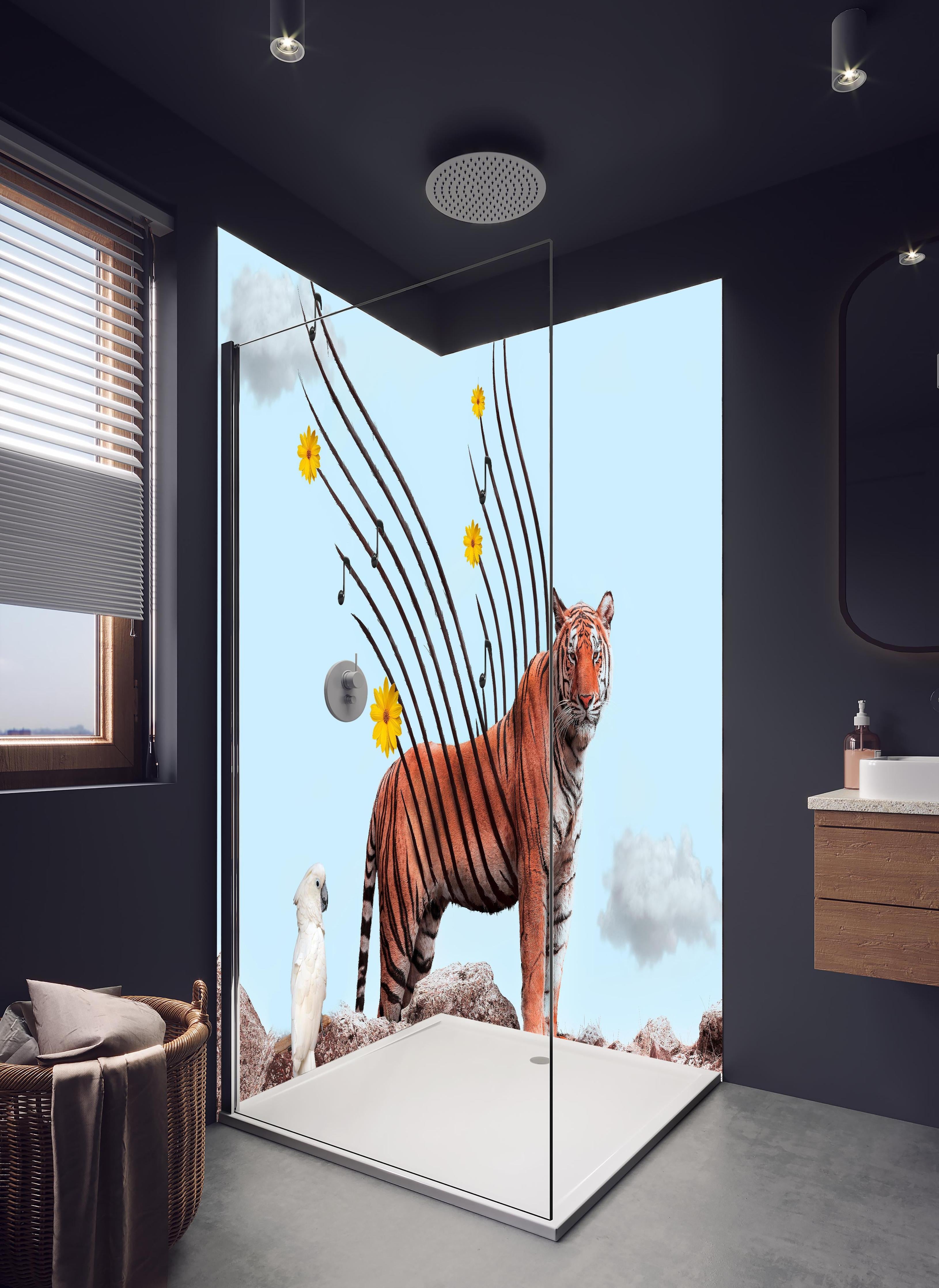 Duschrückwand - Exotischer Tiger - Grafik in hellem Badezimmer mit Regenduschkopf - zweiteilige Eck-Duschrückwand