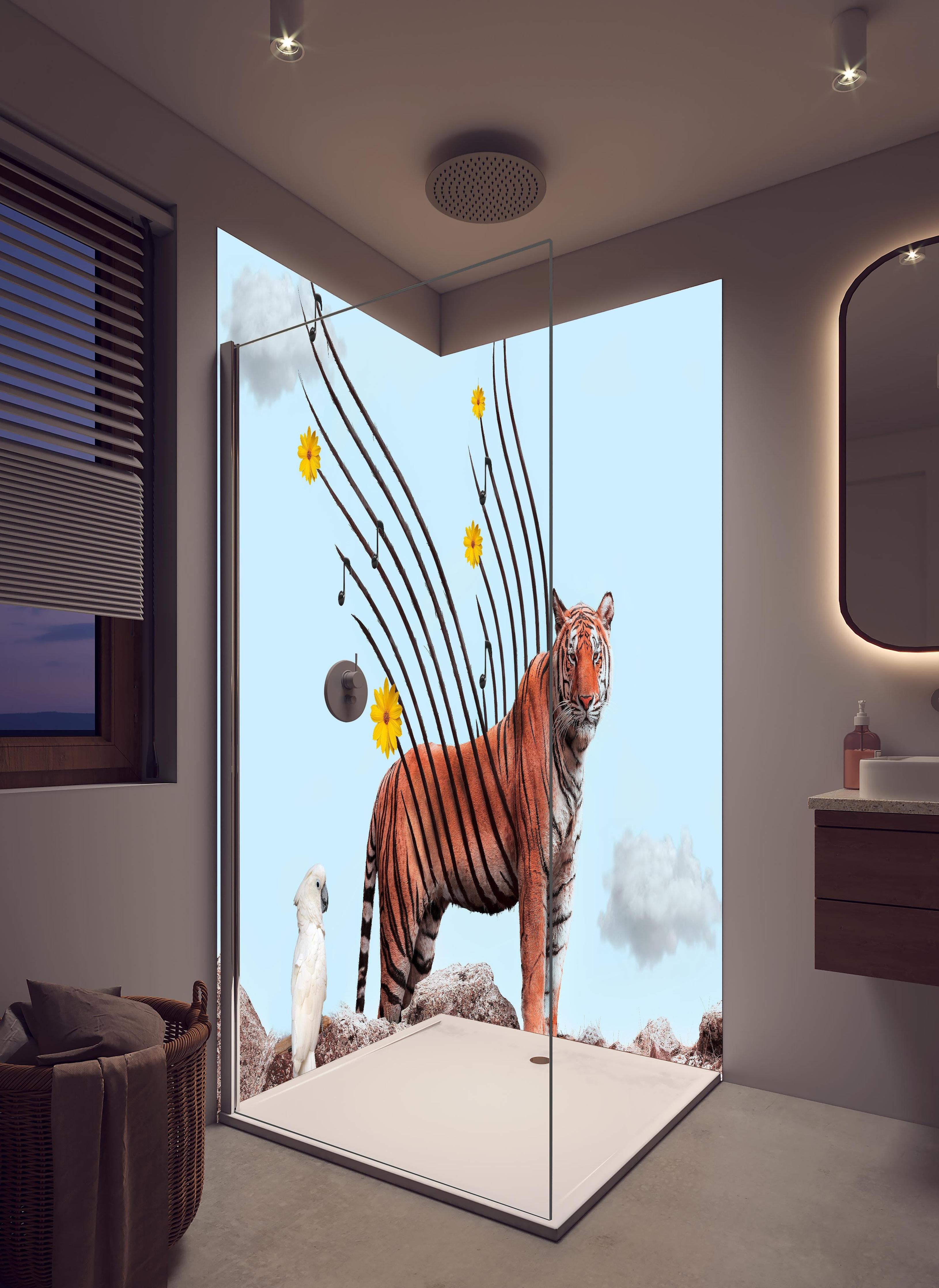 Duschrückwand - Exotischer Tiger - Grafik in hellem Badezimmer mit Regenduschkopf - zweiteilige Eck-Duschrückwand