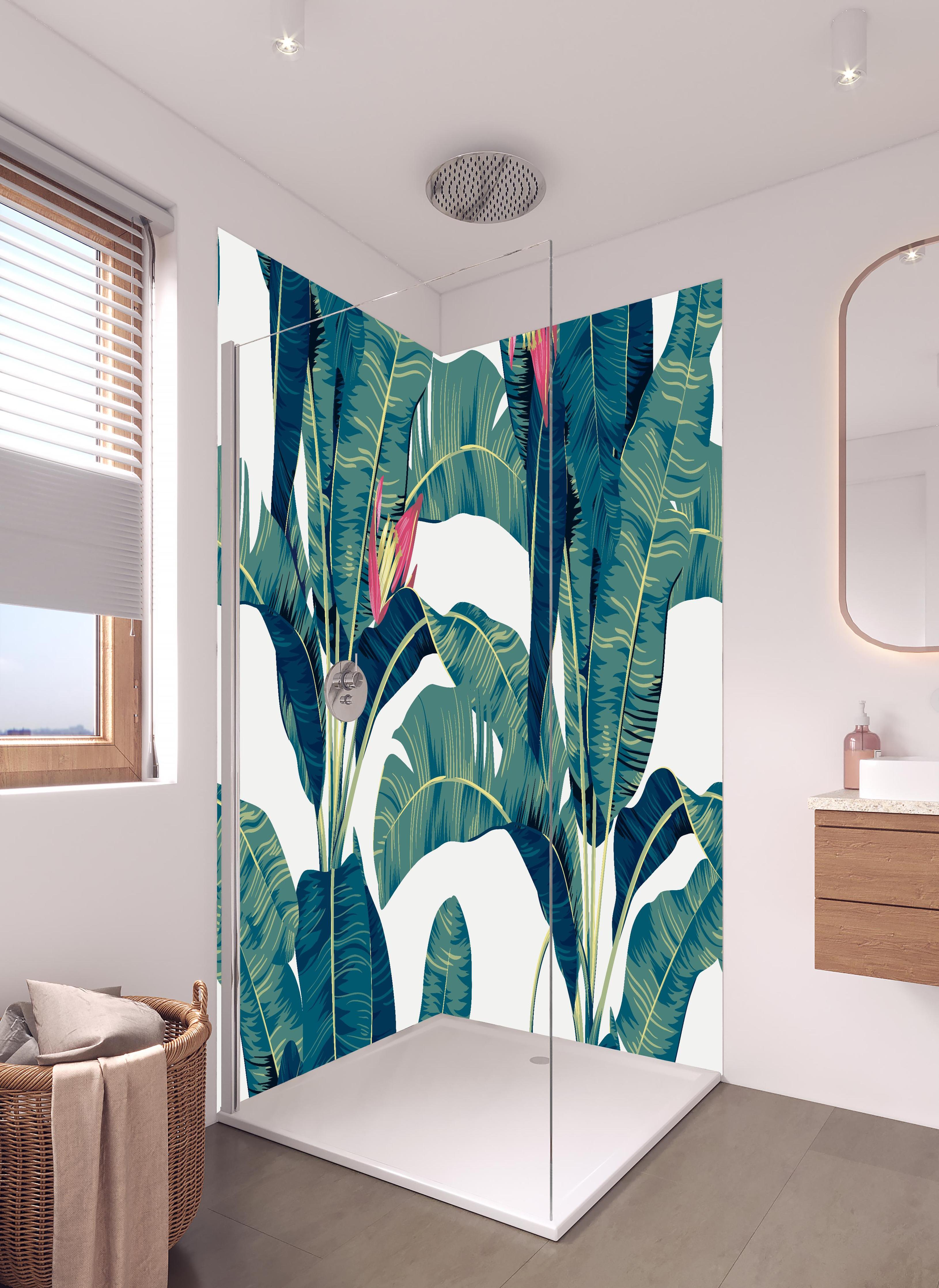 Duschrückwand - Exotisches Blattwerk und Blüten Design in hellem Badezimmer mit Regenduschkopf - zweiteilige Eck-Duschrückwand