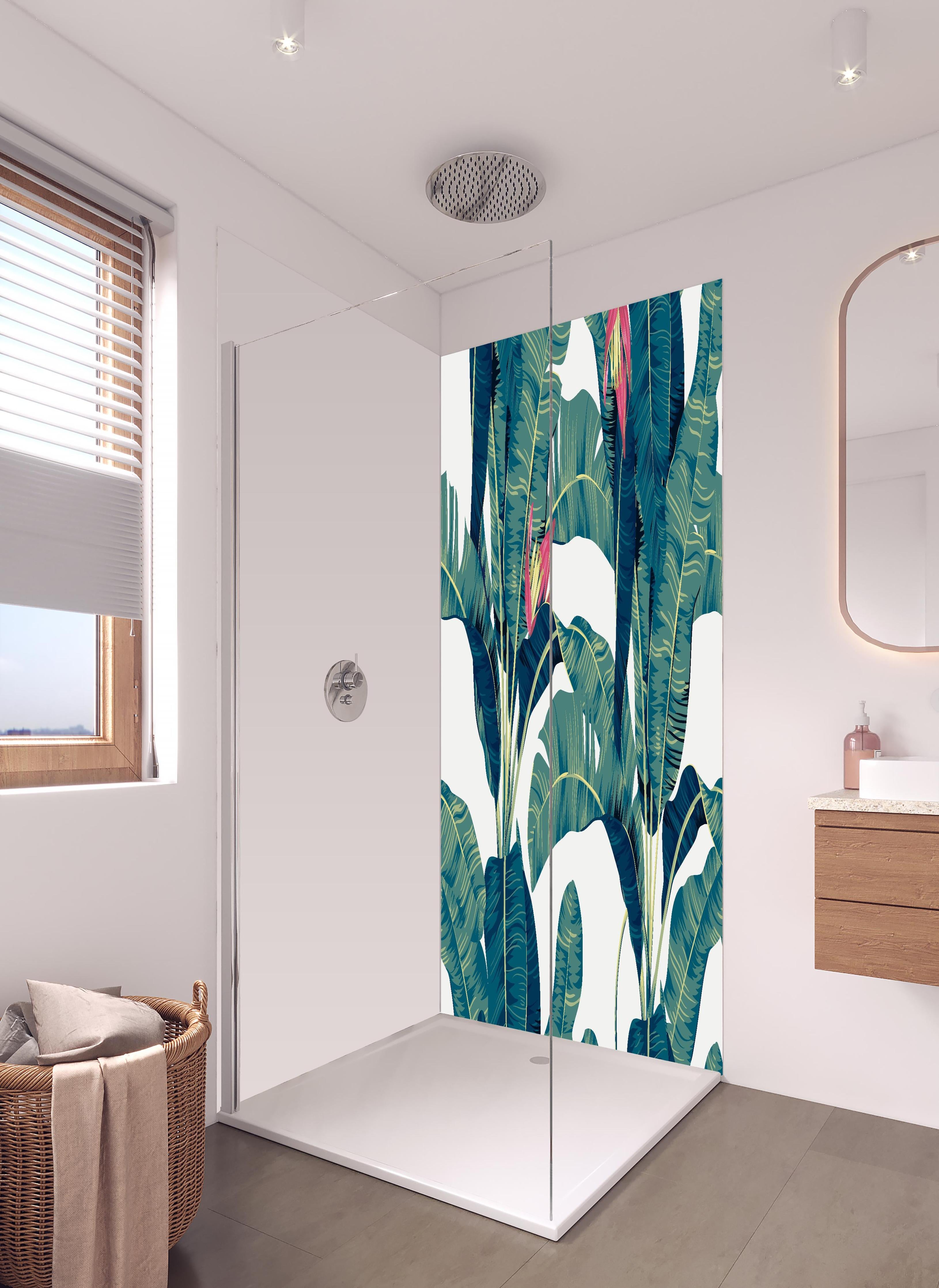 Duschrückwand - Exotisches Blattwerk und Blüten Design in hellem Badezimmer mit Regenduschkopf - zweiteilige Eck-Duschrückwand