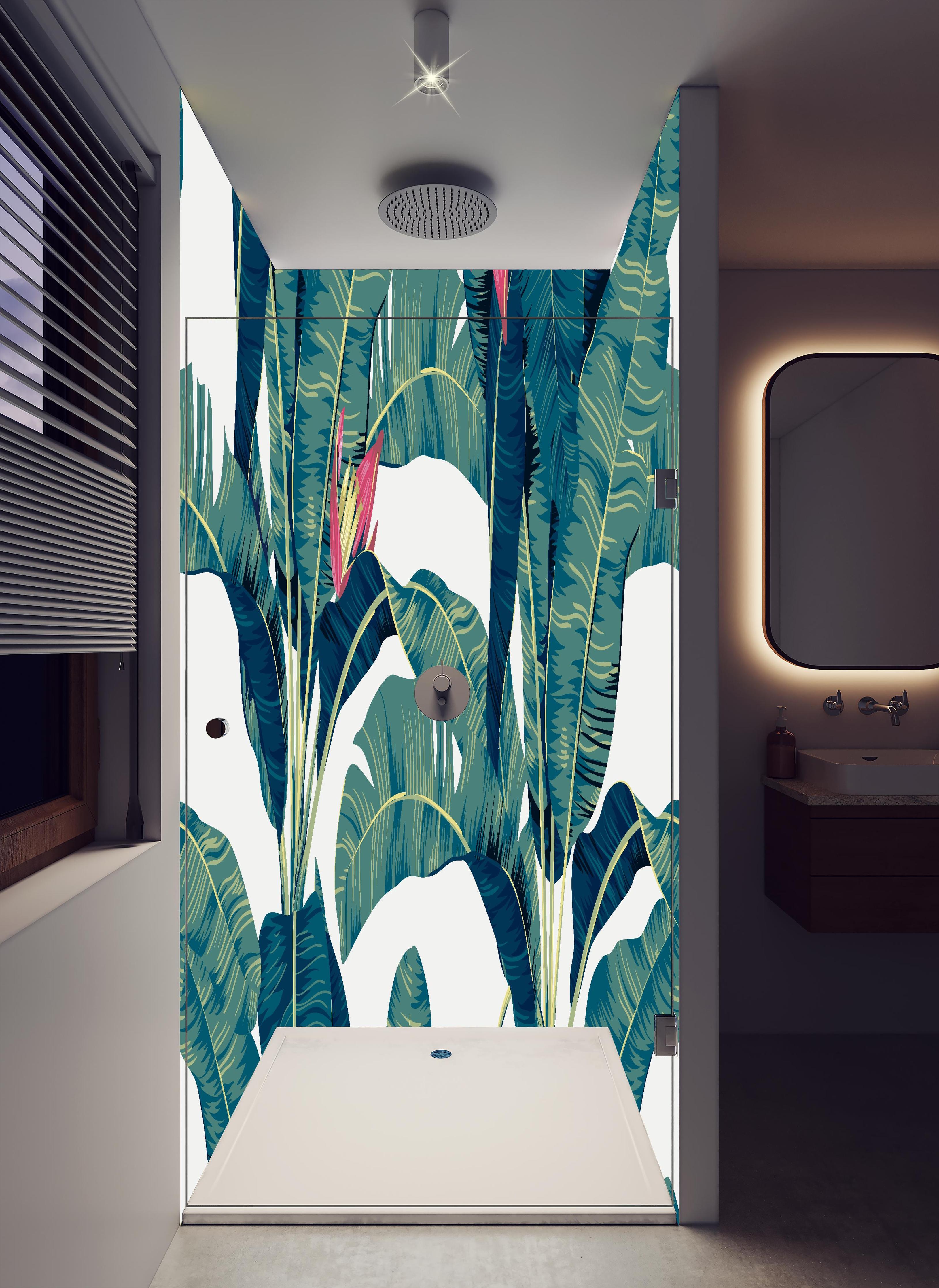 Duschrückwand - Exotisches Blattwerk und Blüten Design in hellem Badezimmer mit Regenduschkopf - zweiteilige Eck-Duschrückwand